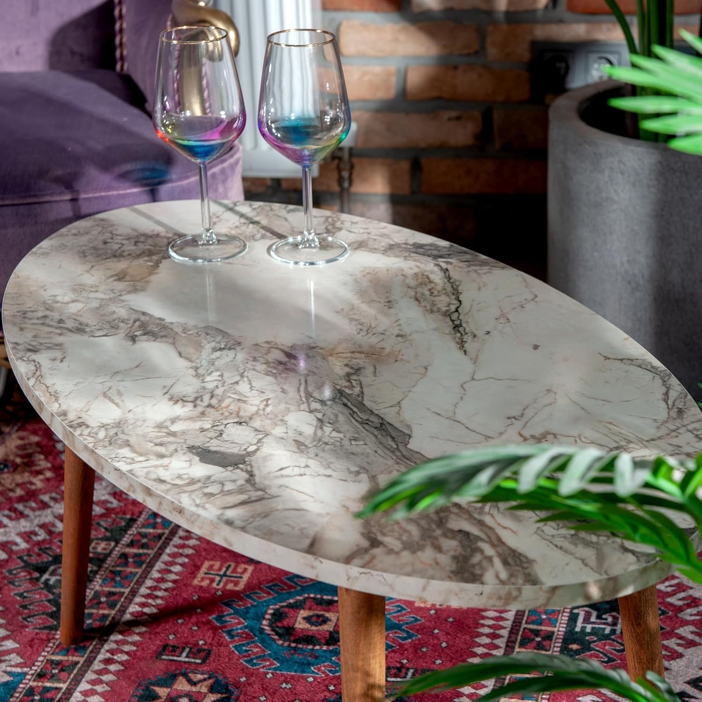 Coffee Table,MDF Modern Style Round Coffee Table for Living Room,Modern Oval-Round Side Table,Coffee Tables for Living Room,Accent Table,Center Table for Living Room,Sofa Table (White Marble)
