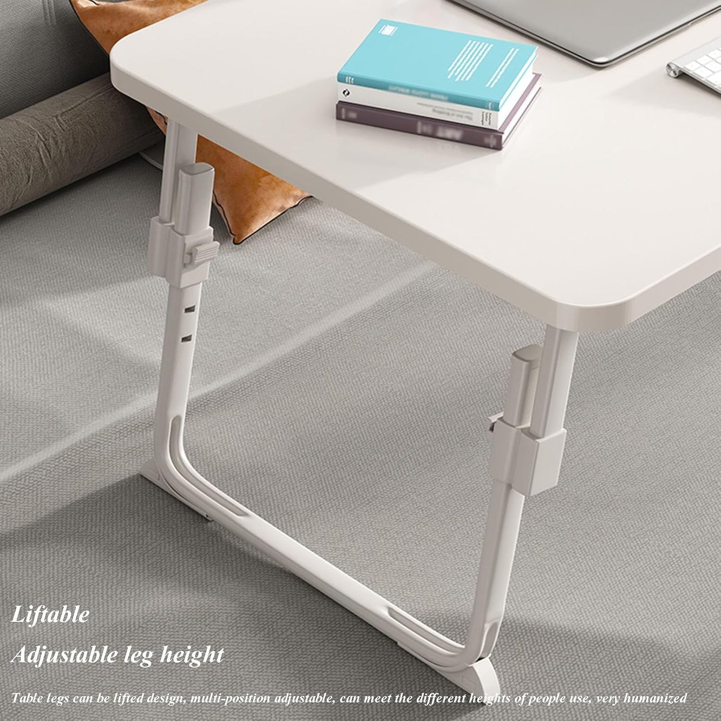Foldable Movable Overbed Table, Hospital Bed Table with Bookcase, Drawer, Card Slot and Cup Holder, Adjustable Height Over Bed Table for Writing, Eating, Reading and Hobbies