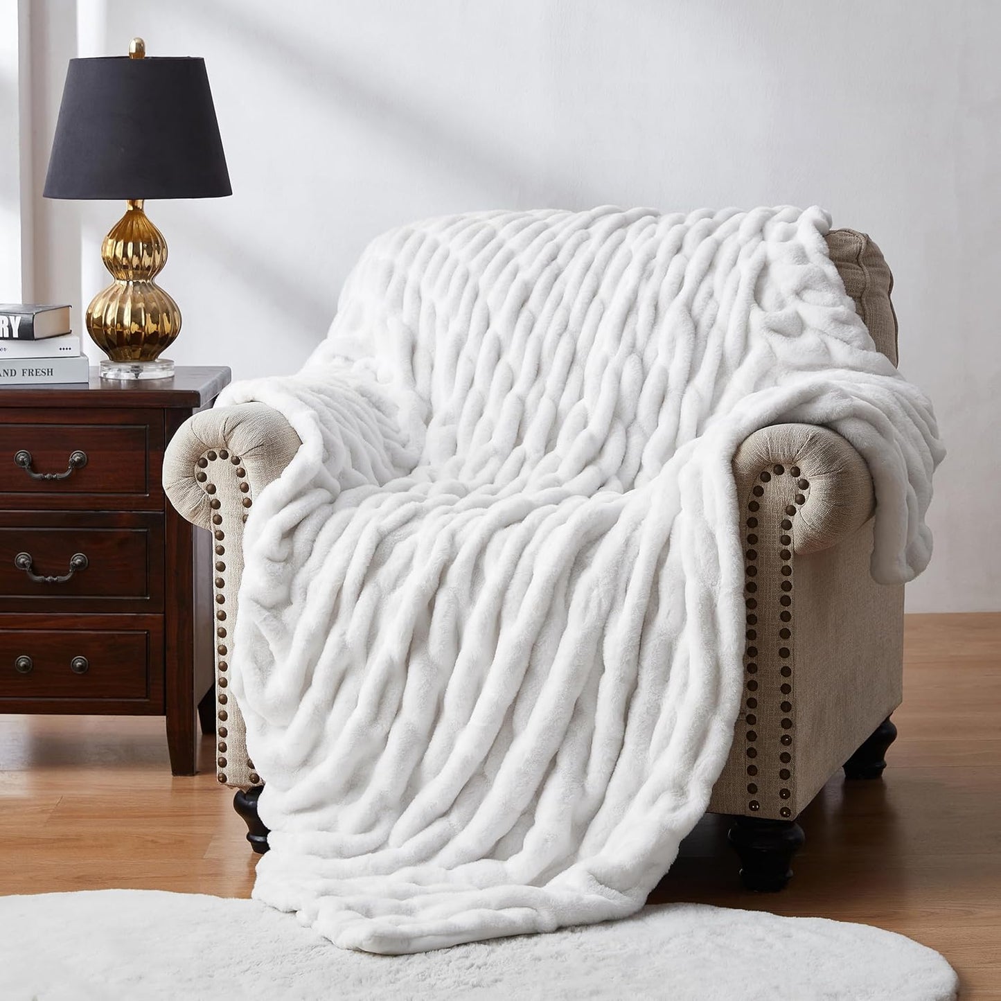 WDCOZY Ruched Faux Fur Throw Blanket Soft Cozy Fluffy Luxurious Blankets Couch Bed Sofa Chair Home Decor Warm Furry Fall Winter Plush Rabbit Fur Bubble Blanket 50" x 60", Ivory Cream White