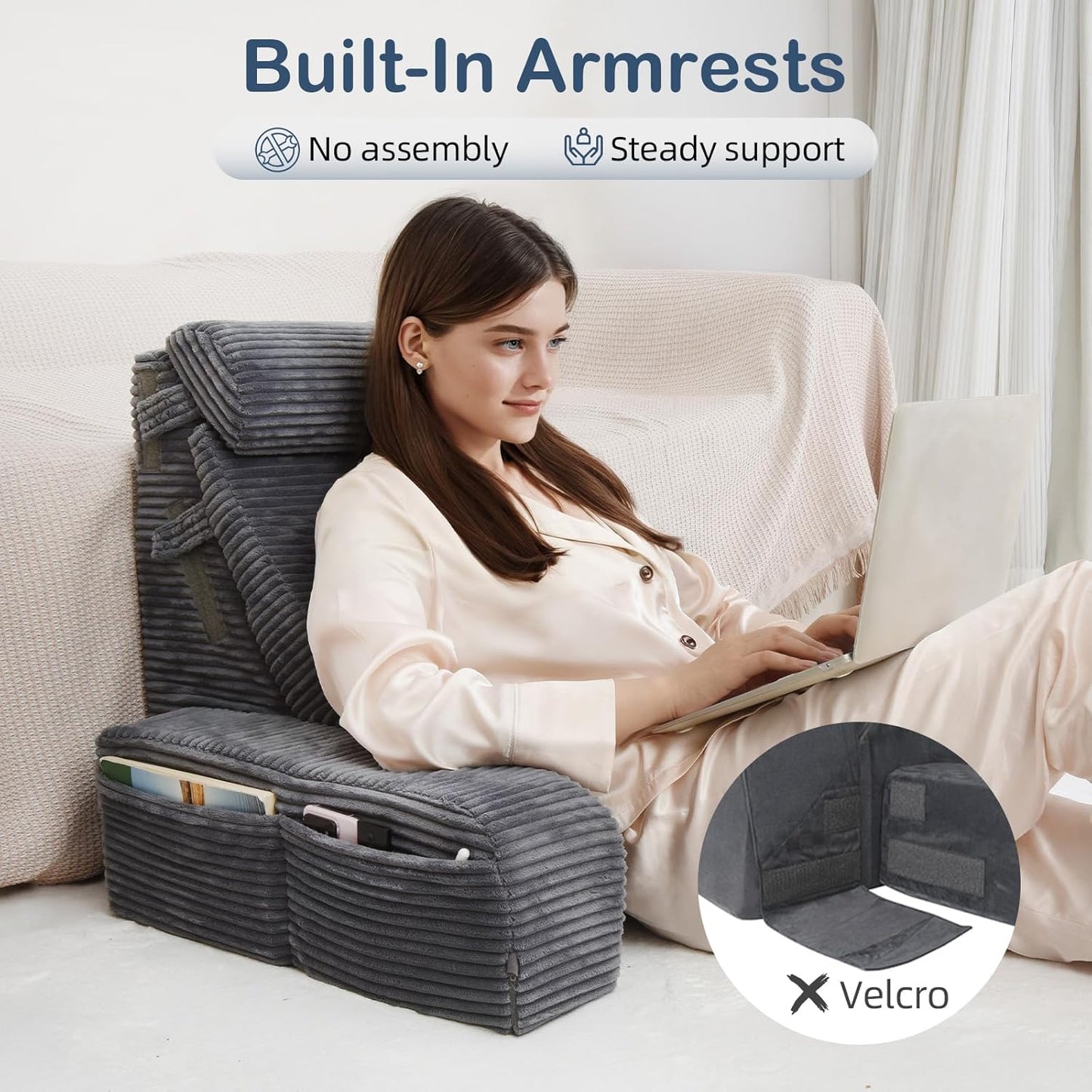 Vekkia Adjustable Reading Pillow & Back Pillow with Backrest – Zoned Multi-Density Foam for Targeted Support, XL Side Pockets – Bed Chair for Reading, Gaming, Relaxing & Post-Surgery Recovery