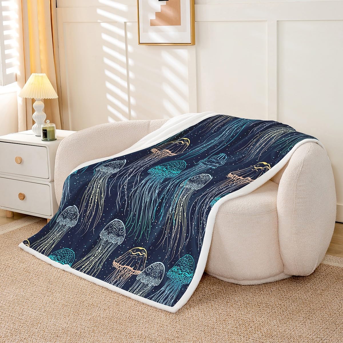 Feelyou Cute Jellyfish Sherpa Blanket Ocean Creature Themed Fleece Throw Blanket Sea Underwater World Warm Plush for Sofa Couch Bed Marine Life Sealife Fuzzy Twin 60"x80"