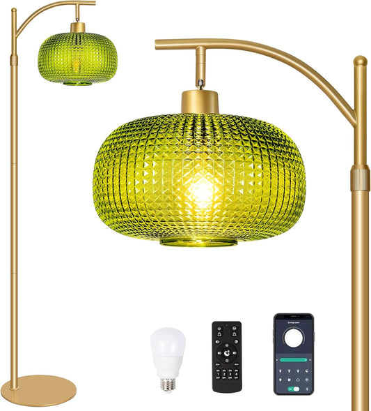 Modern Floor Lamp for Living Room, Mid Century Tall Standing Lamp Green Glass Lamp Shade, Dimmable Gold Tall Pole Lamp for Bedroom Office with Remote, 1 x 12W LED Edison Bulbs Included