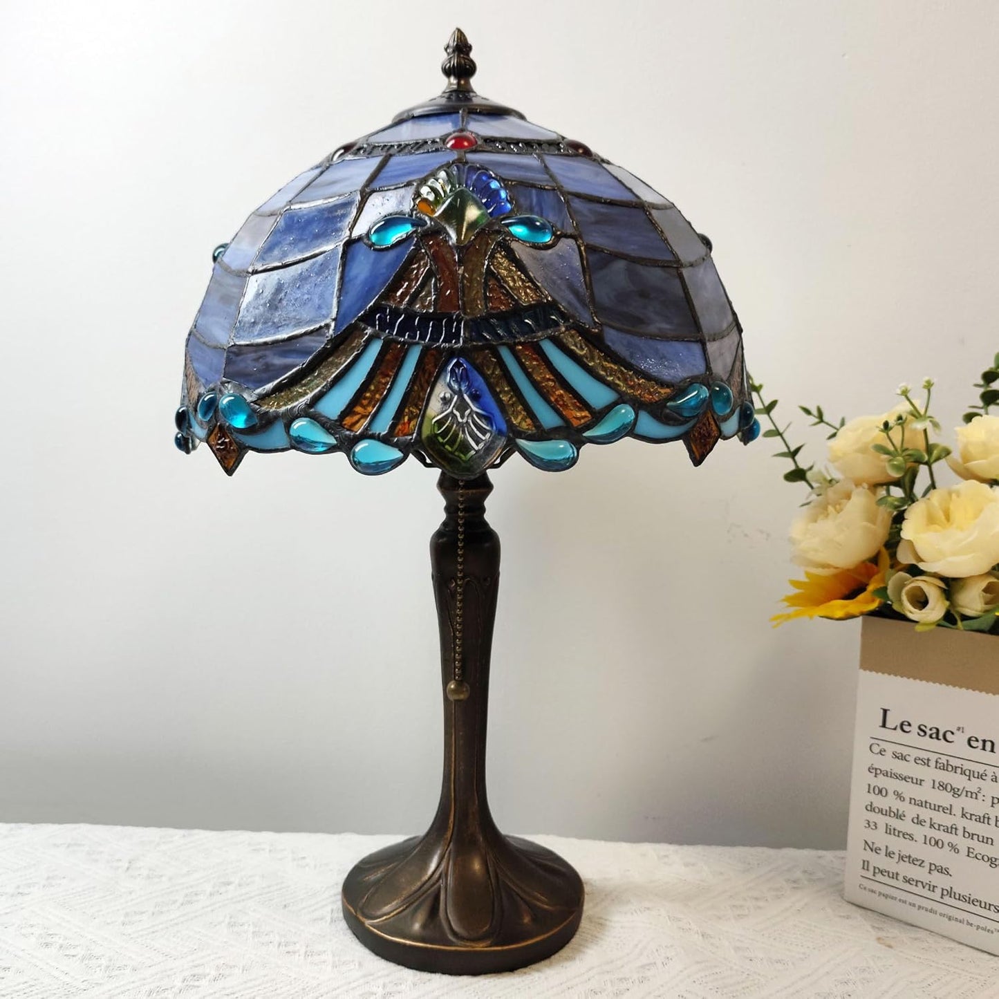 Tiffany Table Lamp Purple Baroque Style Stained Glass Lamp 3 Color Temperature 12 Inch Antique Desk Light Handcrafted Light for Bedroom Living Room Home, Included LED Bulb