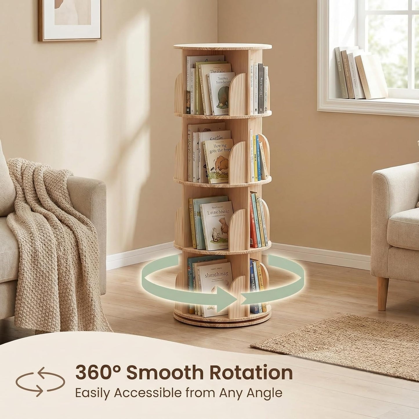 Solid Wood Rotating Bookshelf, 4-Tier 360° Spinning Bookcase Tower, Stackable Adjustable Book Shelf Organizer for Small Spaces, Corner Standing Storage for Home Office, Living Room & Kids Room
