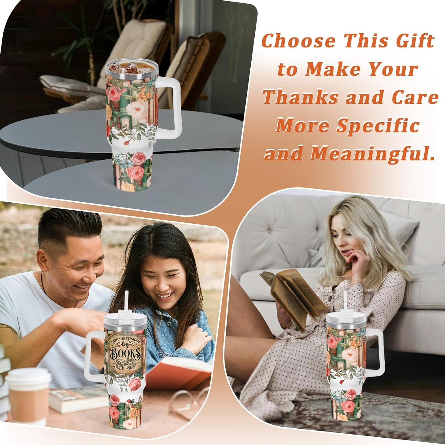Easily Distracted By Books Book Lover Tumbler, Bookish Gift For Book Lover, Reader, Bookworm, Book-Themed 40 Oz Tumbler with Handle
