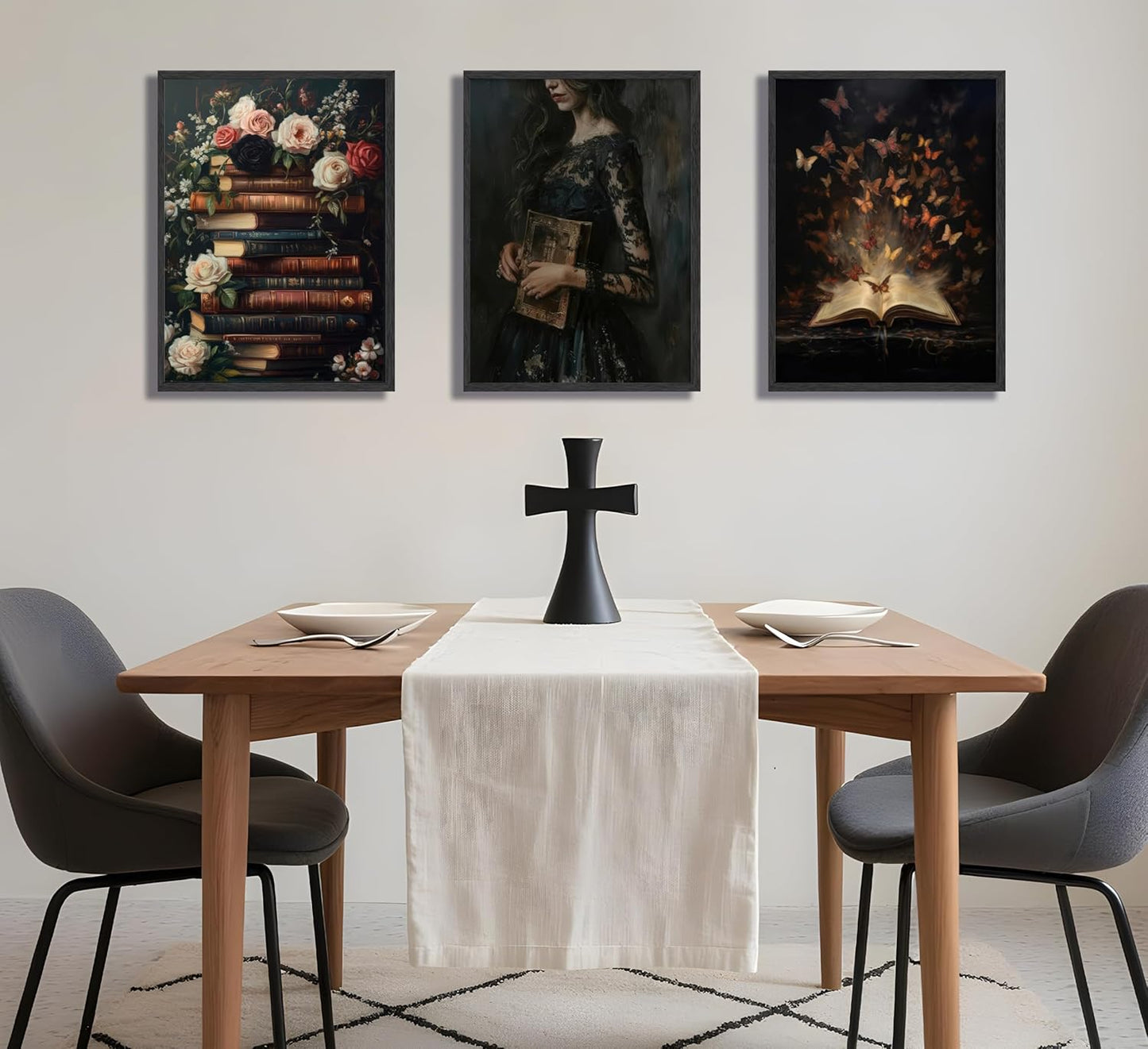 3Pcs Victorian Reading Wall Art Vintage Floral and Book Reading Posters a Mysterious Woman and Butterfly Wall Decoration a Dark Academic Aesthetic Canvas Painting Prints for Bedroom or Study Decor (Unframed)