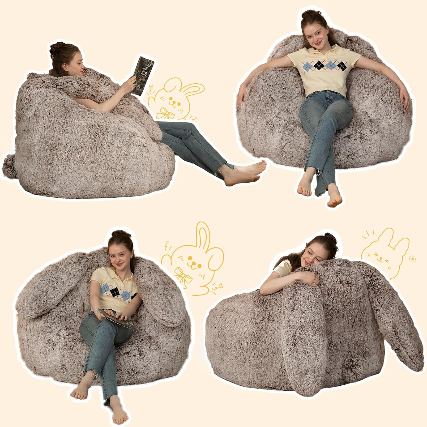 Bean Bag Chair for Adults Kids Giant Fluffy Plush Bean Bag Sofa with Filler Faux Fur Rabbit Shaped Beanbag Chairs Comfy Accent Floor Couch for Gaming, Reading in Bedroom, Living Room, Dorm