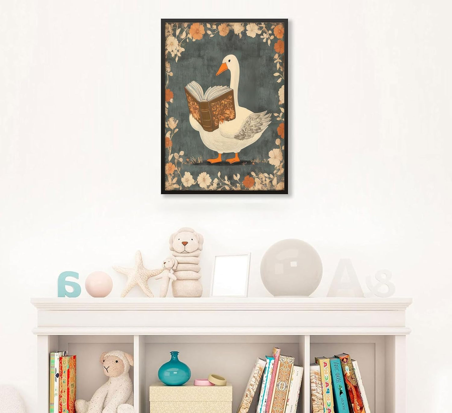 Nursery Book Wall Art Reading Goose Canvas Print Vintage Aesthetic Book Poster Inspirational Educational Picture Botanical Flowers Painting Wall Decor for Library Reading Room Bedroom Unframed