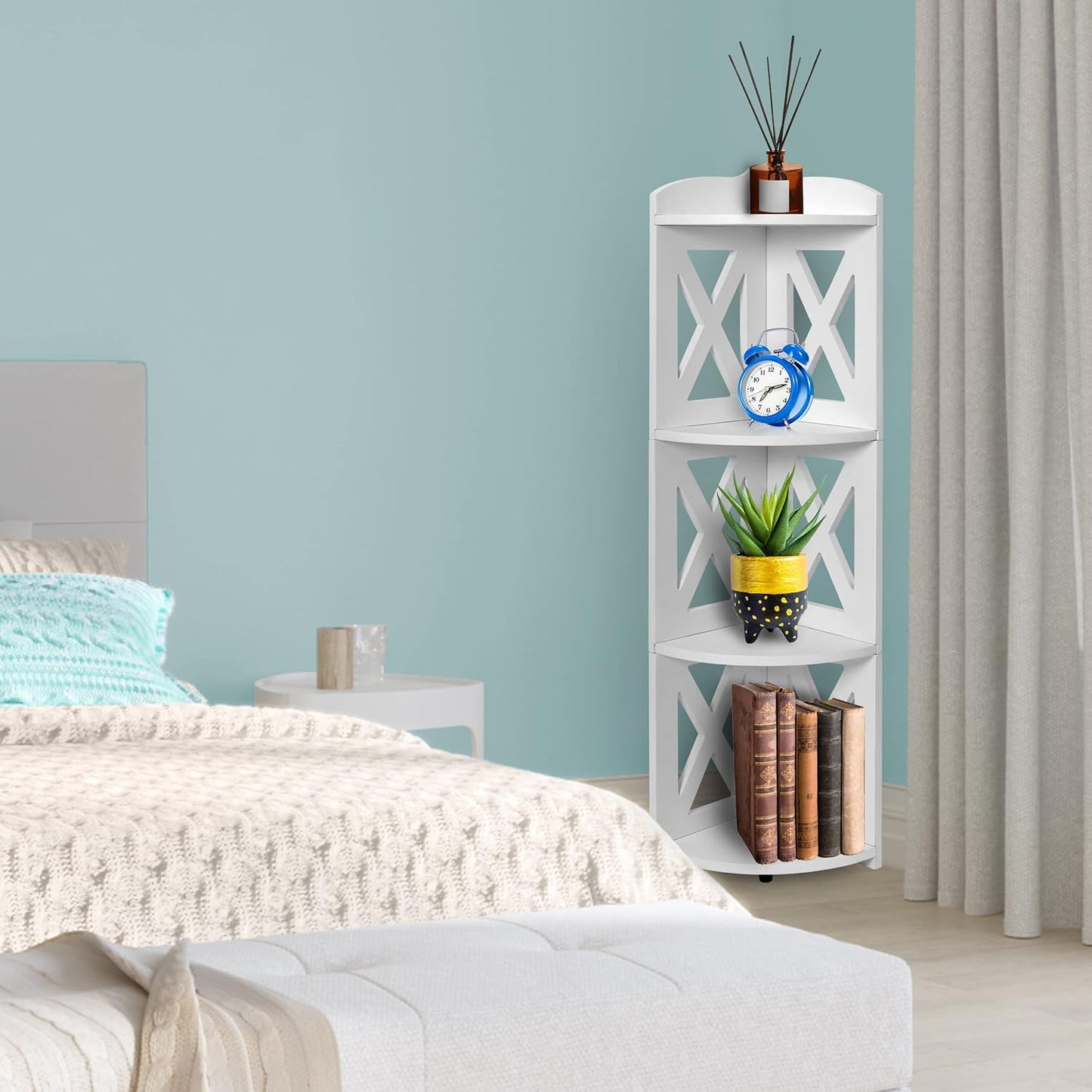 NHZ Corner Shelf Stand, Wood Corner Bookshelf, Corner Bookcase and Plant Stand (White, 4 Tier)