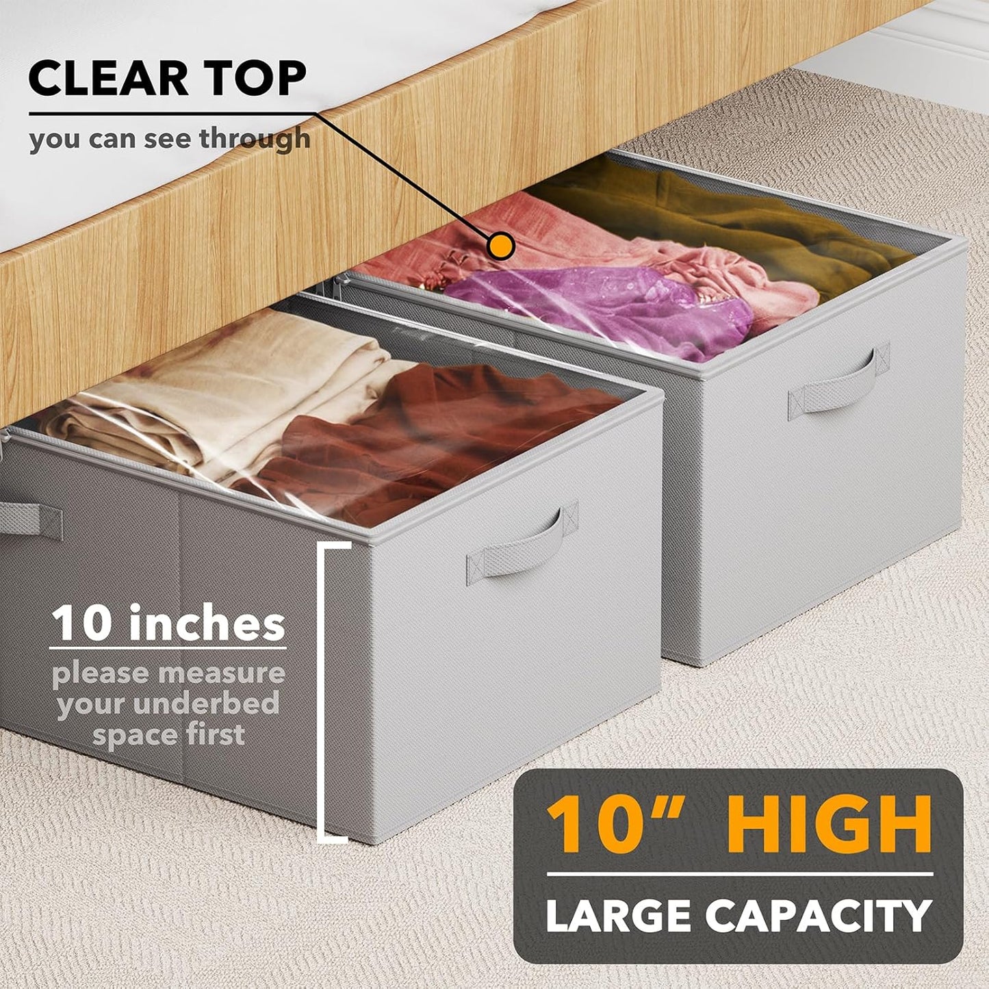 SpaceAid 2 Pack 10" High Under Bed Storage Containers, Large Underbed Storage Organizer Bins with Lids for Bedroom, Dorm, Clothes, Closet Organization, Bed Sheets and Blankets (Gray)