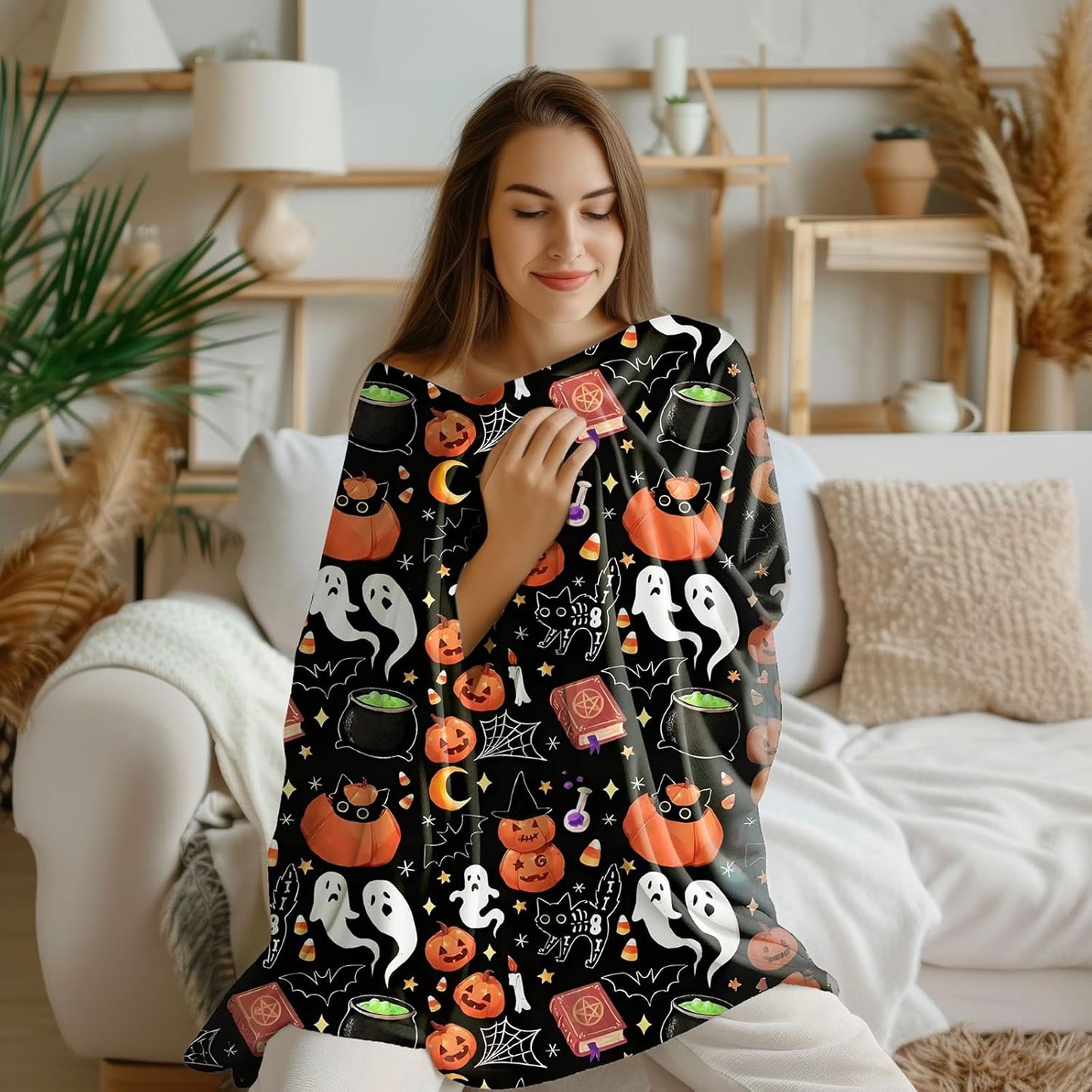 50"x40" Vintage Halloween Throw Blanket,Witch Spider Webs Bat Pumpkin Skull Gothic Blanket, Festival All Seasons Warm Cozy for Sofa Chairs Bed Office Home Women GIrls Gift (Halloween Blanket 4)