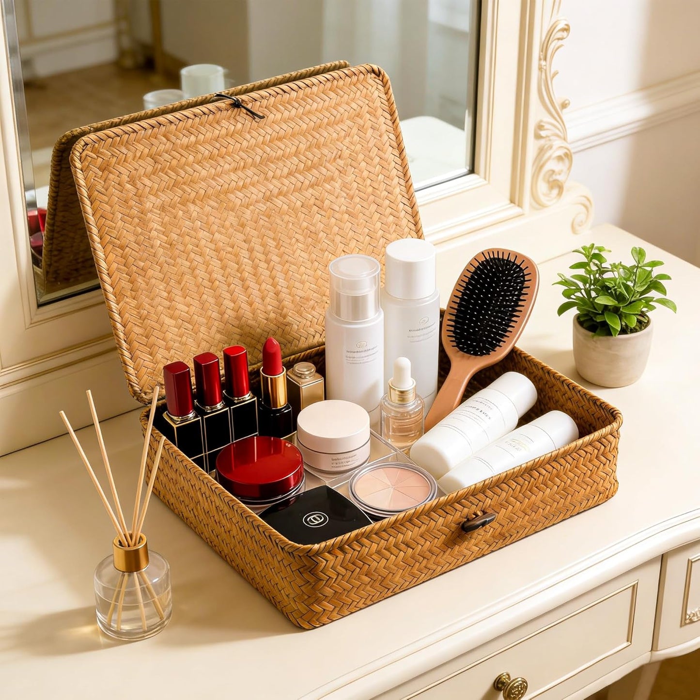 2 Pack 2 Size Seagrass Storage Bins with Lid,Boho Wicker Woven Organizer set, Decortive Rattan Basket Storage for Makeup Books Shelves Closet