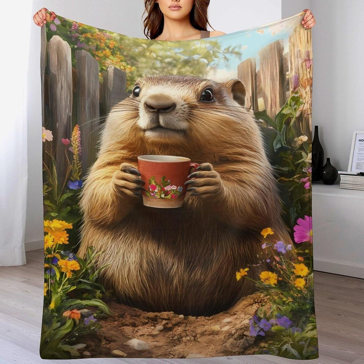 Funny Garden Groundhog Throw Blanket for Couch Bed Plush Cozy Fuzzy Flannel Blanket for All Season 40"x60"
