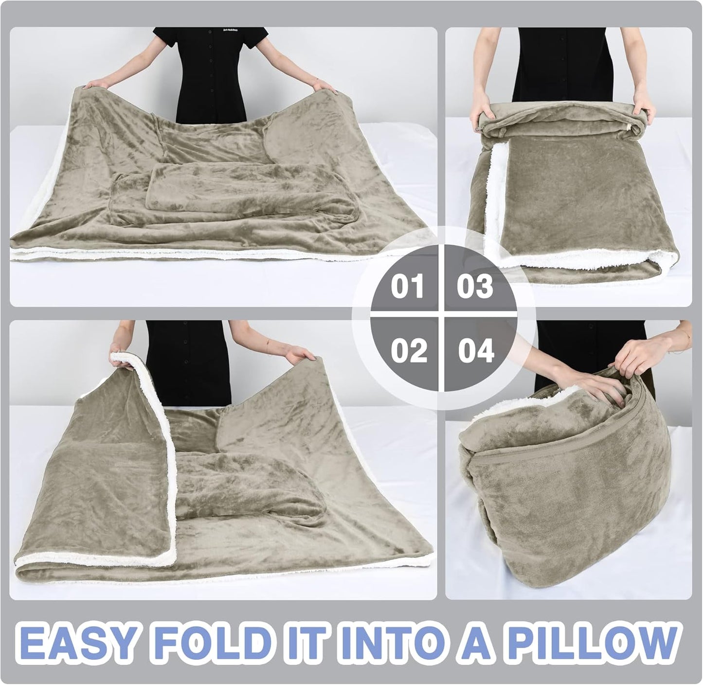 Catalonia Classic Sherpa Fleece Blanket with Sleeves, Super Soft Warm Cozy Wearable Blanket, Portable Travel Blanket Pillow, Gift for Women Men Adult, Camel