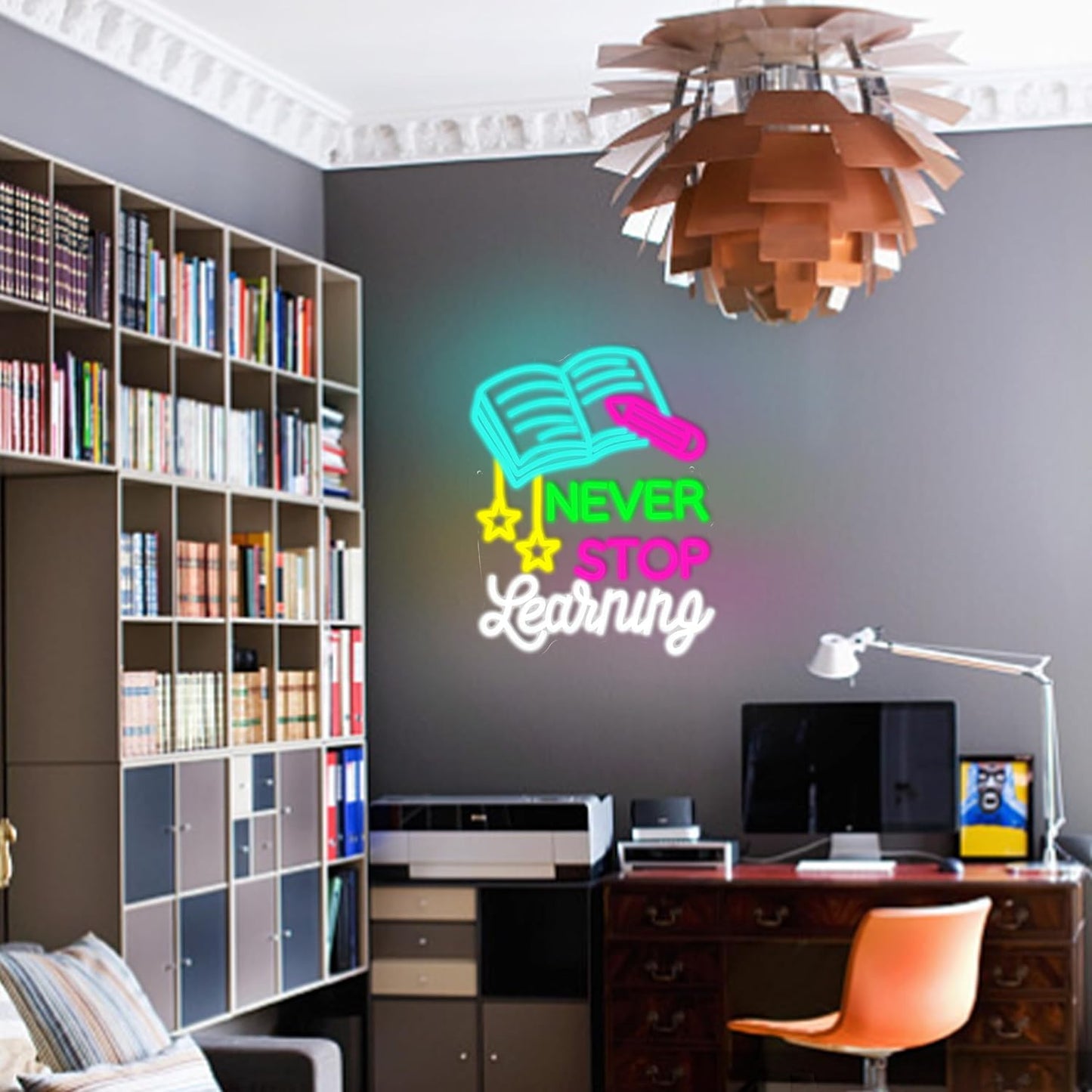 Read Books Neon Sign Led Never Stop Learning Light Up Sign for Wall Decor Dimmable Positive Reading Book Neon Classroom Sign for Learning Room Bookstore Study Room Library