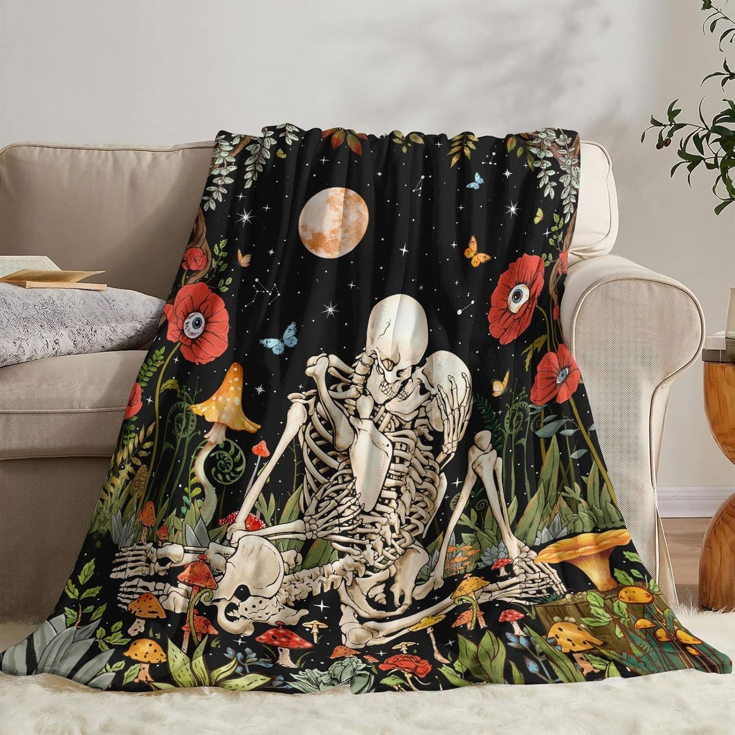 Leeisysme The Kissing Lovers Floral Fleece Throw Blanket, Hippie Skeleton Moon Mushroom Skull Flower Plants Romantic Cozy Decor Nap Blankets for Sofa Bed Couch Chair or Dorm Throws 50×60 inches
