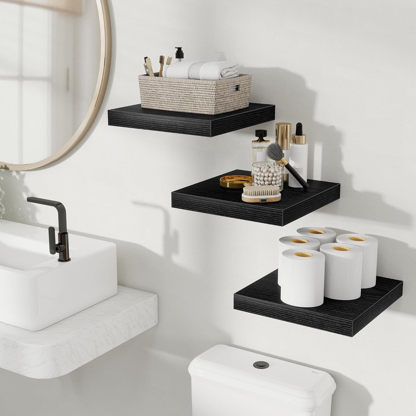 Fun Memories Floating Shelves for Wall, Rustic Wood Wall Mounted Shelves for Bathroom, Bedroom, Living Room & Kitchen, Storage Display Shelves, (Set of 3, Black, 12 in)