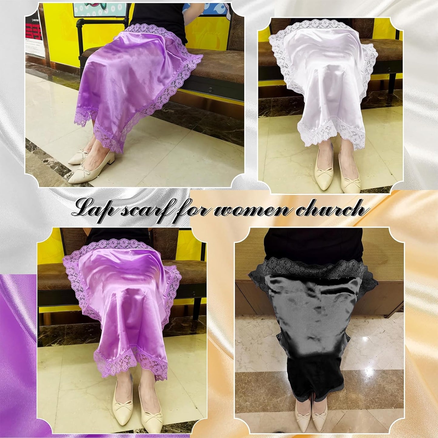 26" Silk Lap Scarf Body Scarf with Lace Lap Scarves Handkerchief lapscarfs for ladies Women Church
