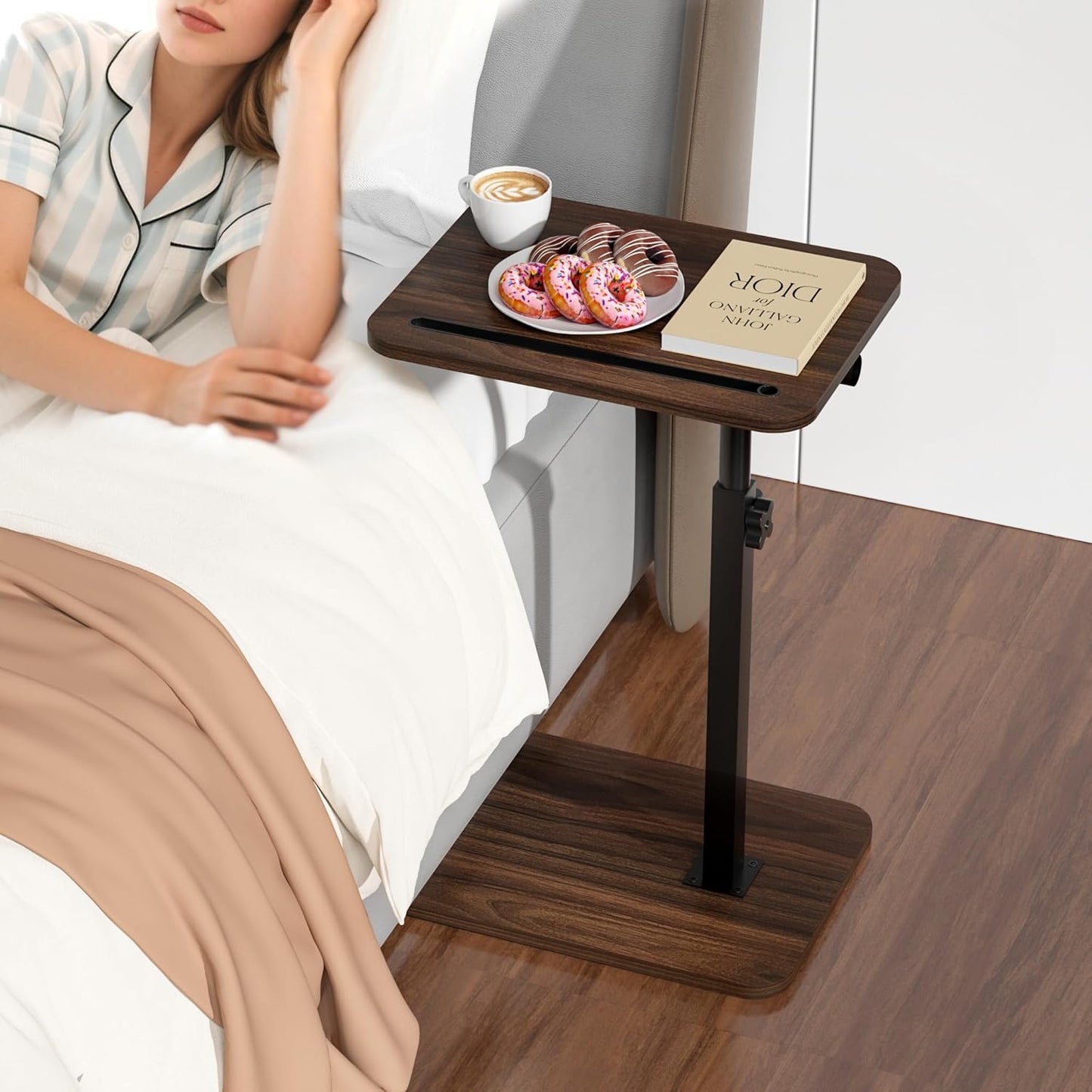 Side Table Sofa Tray for Couch - 360° Swivel Adjustable Height Rotating Sofa Table C Table End Table Laptop Desk with Phone & Tablet Slot, Perfect for Eating Working Reading, Fits Small Spaces