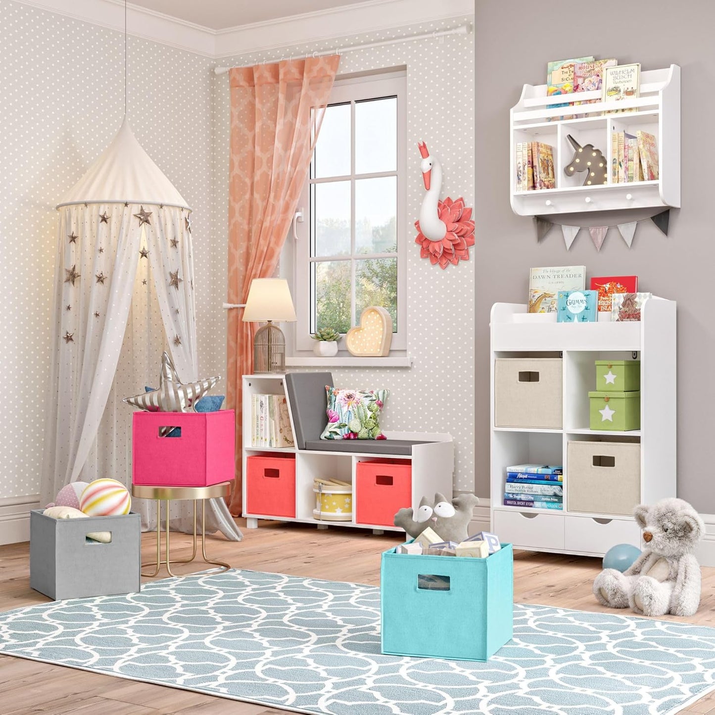 RiverRidge Kids Reading Nook and White Cubby Storage Bench with Comfy Cushioned Seat and Cubbies Toy Organizer, White