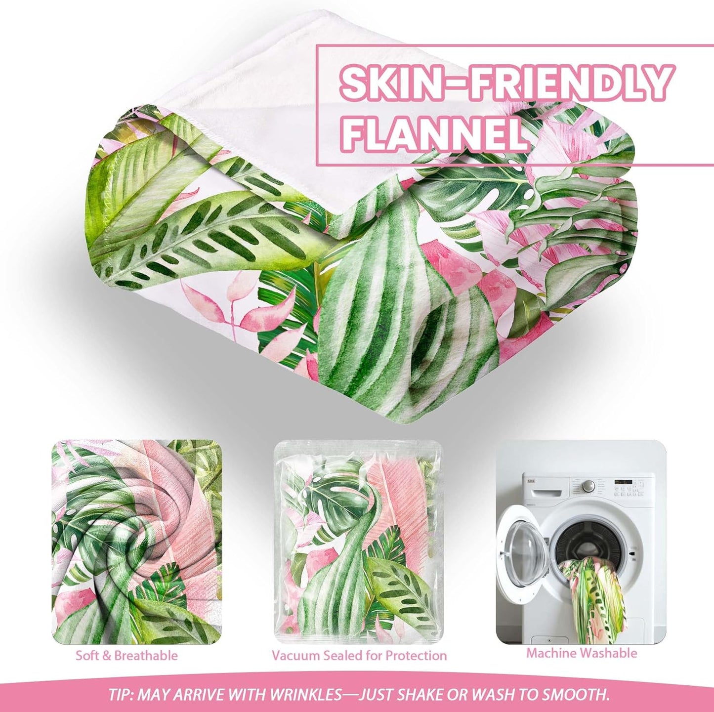 Pink and Green Tropical Palm Leaf Throw Blanket Monstera Leaves Jungle Plant Flannel Blankets for Couch Bed Living Room Sofa, Decorative Patterned Super Soft Cozy, 50x60 in