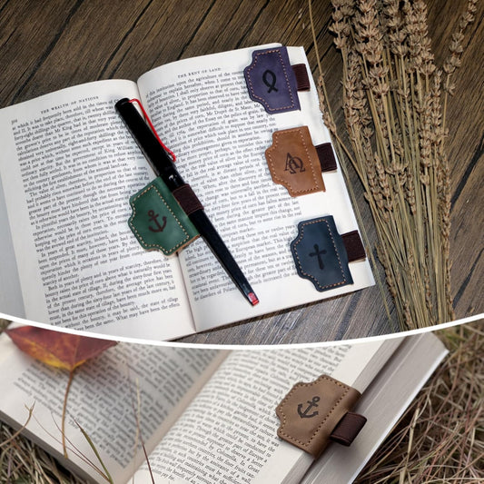 4 Pcs Personalized Magnetic Leather Bookmark Pen Holder Book Lovers Christian Gifts Bygone Mark for Reading, Purple-Jesus Fish + Brown-AΩ + Blue-Cross + Green-Anchor