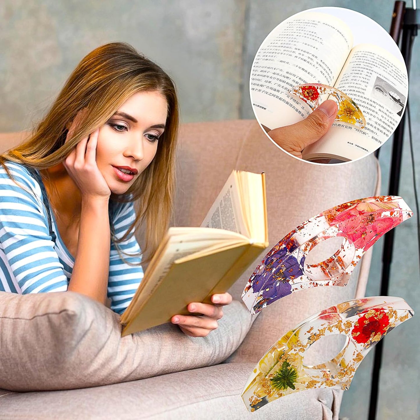 TIESOME Dried Flower Book Page Holder, 2 Pcs Resin Clear Floral Book Holder Thumb Reading Ring Book Opener Reading Accessories for Readers Book Lovers Bookworm Bookmarks (Style-B)