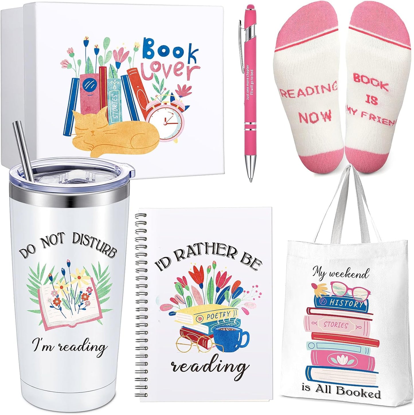 Rtteri 6 Pcs Book Lover Gifts for Women Bookish Gifts Tote Socks Tumbler Notebook for Reader Bookworm Librarians(Cute)