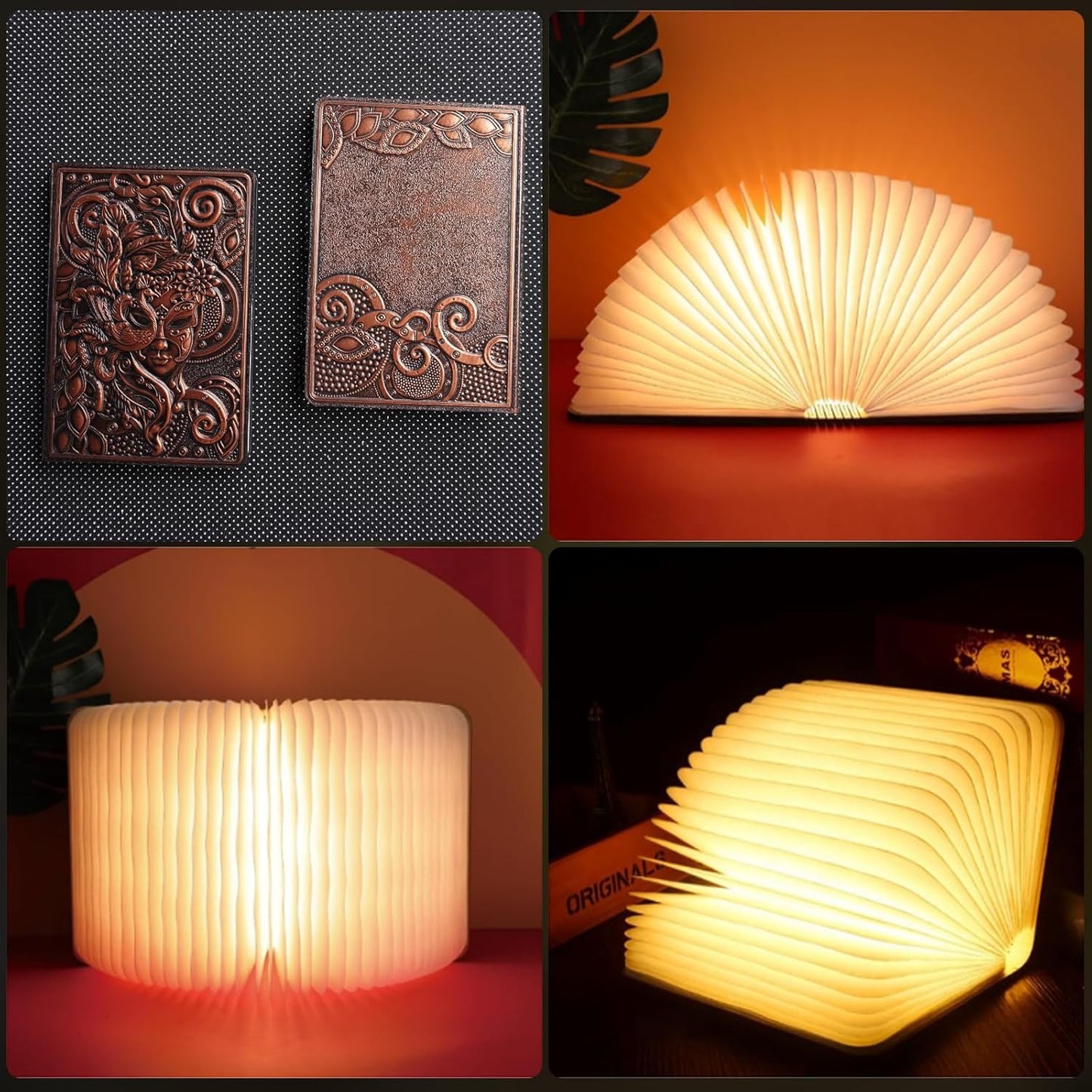 Decorative LED Book Light with Embossed Design,Book Lamp, Book Lovers Gifts, Reading Lights for Books in Bed (Bronze-Colored)