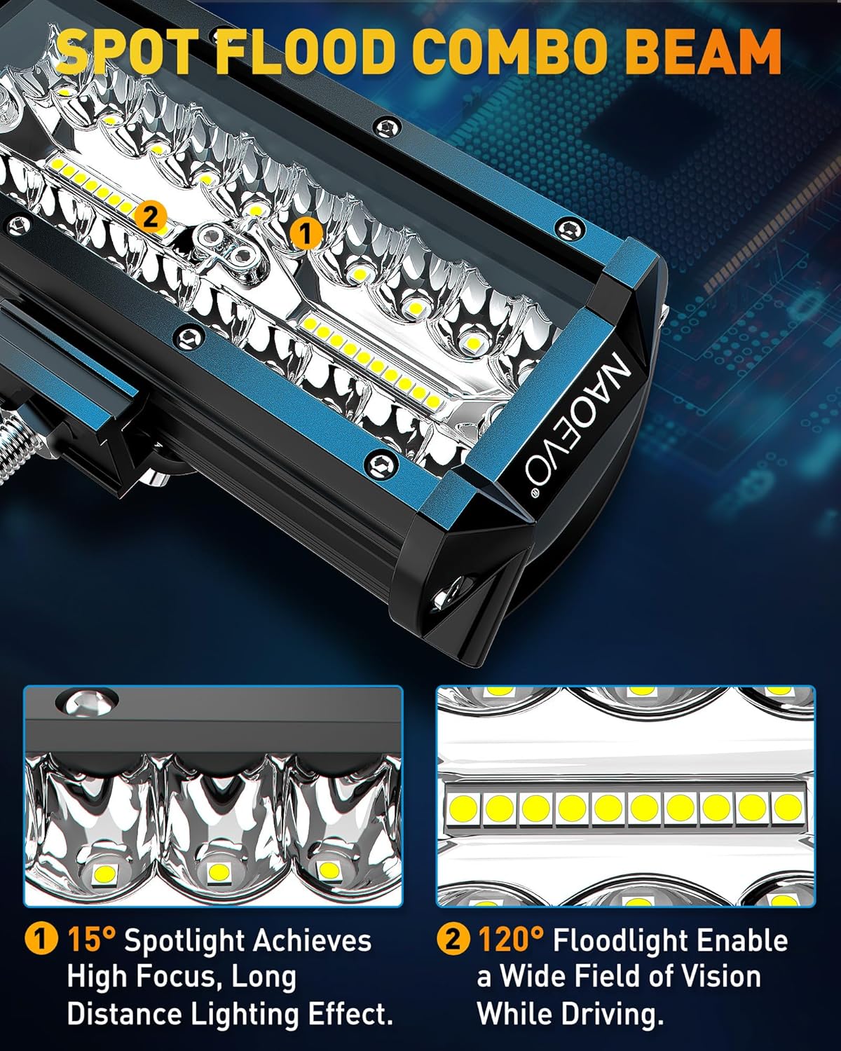 NAOEVO 7 Inch LED Light Bar, 240W 24,000LM Offroad Fog/Driving Lights LED Pods with 2 Leads Wiring Harness Kit, Spot Flood Combo Beam, Work for Truck Boat UTV ATV, 2-Pack (White)