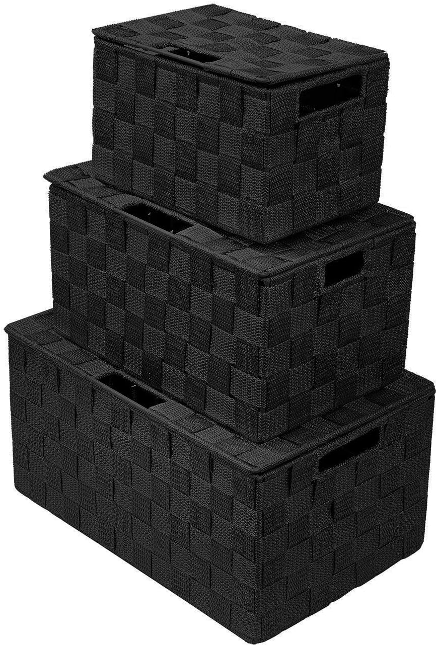 Sorbus Set of 3 Black Woven Storage Baskets with Lids – Mesh Hand-Woven Bins for Closet, Shelf, and Linen Organization – Variety Pack