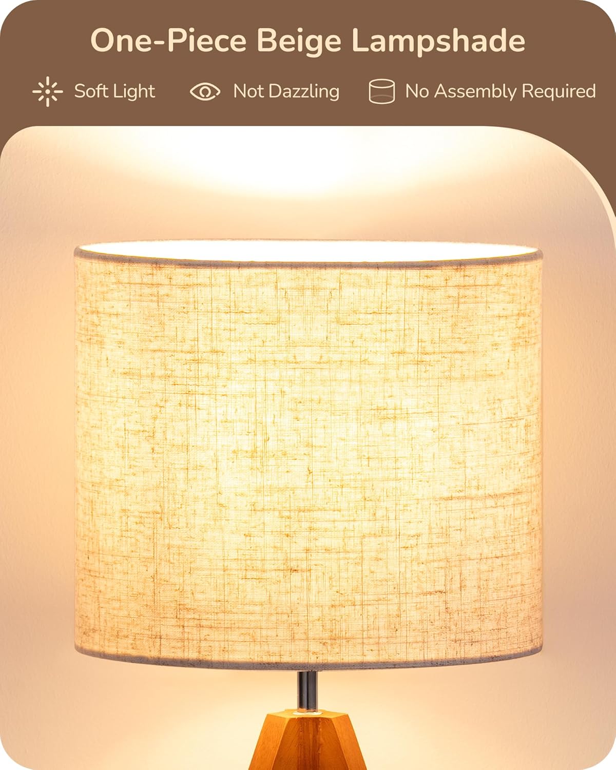EDISHINE Tripod Table Lamp, Small Cute Bedside Lamp with Linen Beige Lampshade, Nightstand Lamp for Nursery, Bedroom, Kid Room, Living Room, Light Brown Wooden Base, E26 Socket, 14.2 Inch