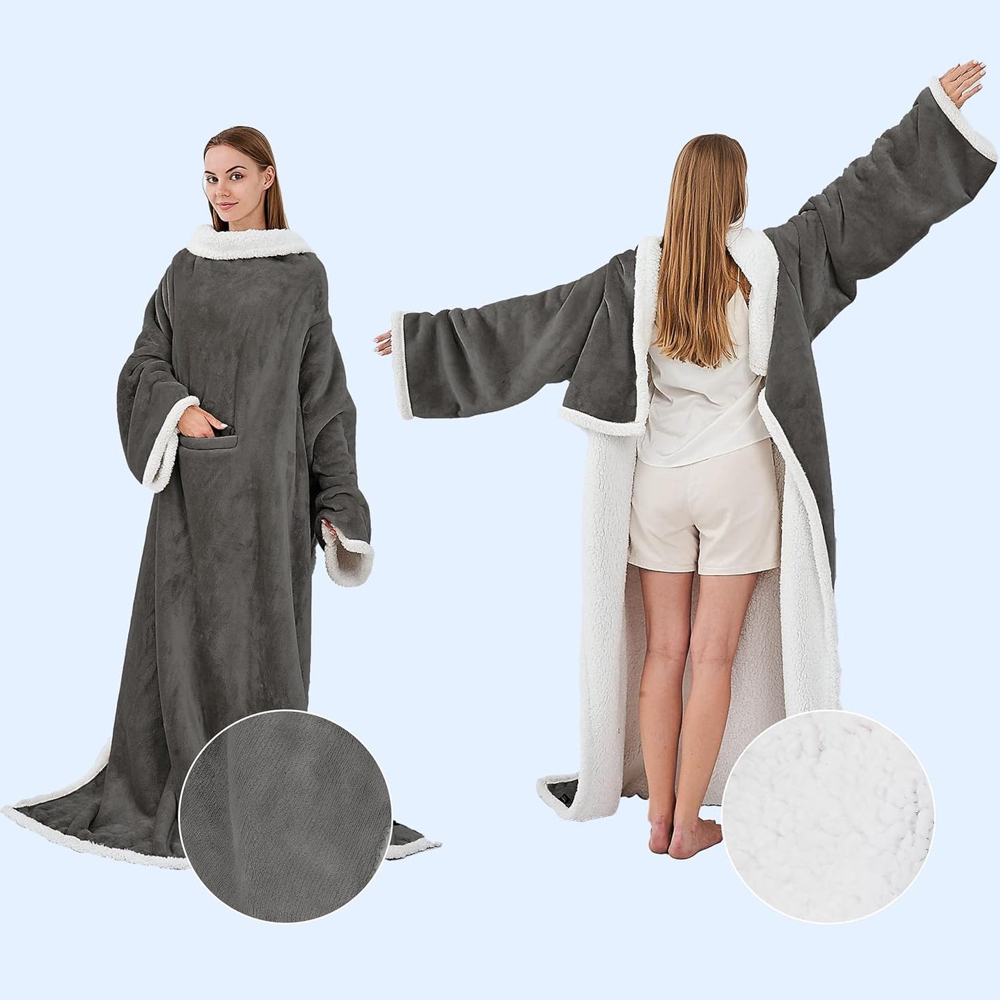 Ramees Sherpa Wearable Blanket with Sleeves and Pockets, Soft Warm TV Blanket Throw for Men and Women