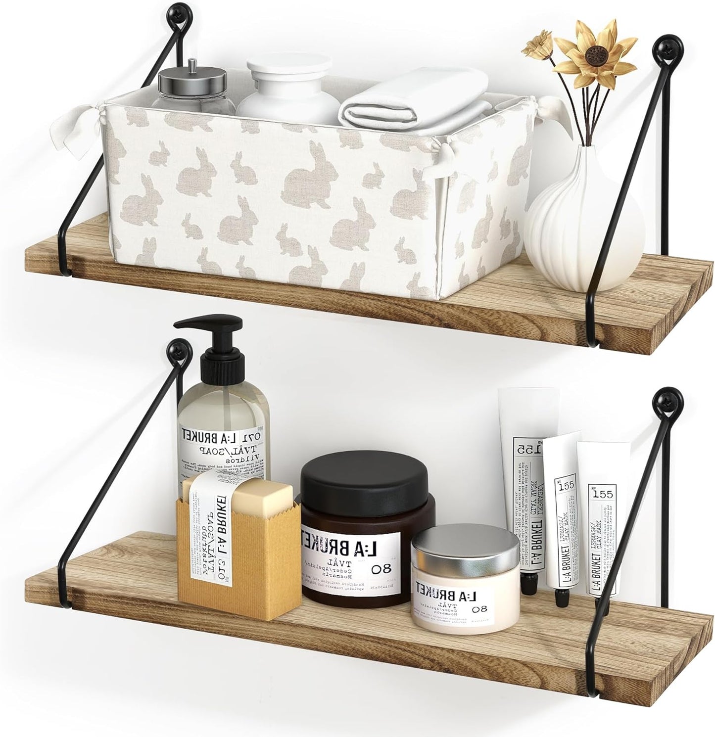 Sapowerntus Floating Shelves Wall Mounted Shelf Rustic Light Wood Bathroom Bedroom Kitchen Hanging Storage Organizer with Triangle Metal Brackets Farmhouse Living Room Office Home Decor Set of 2
