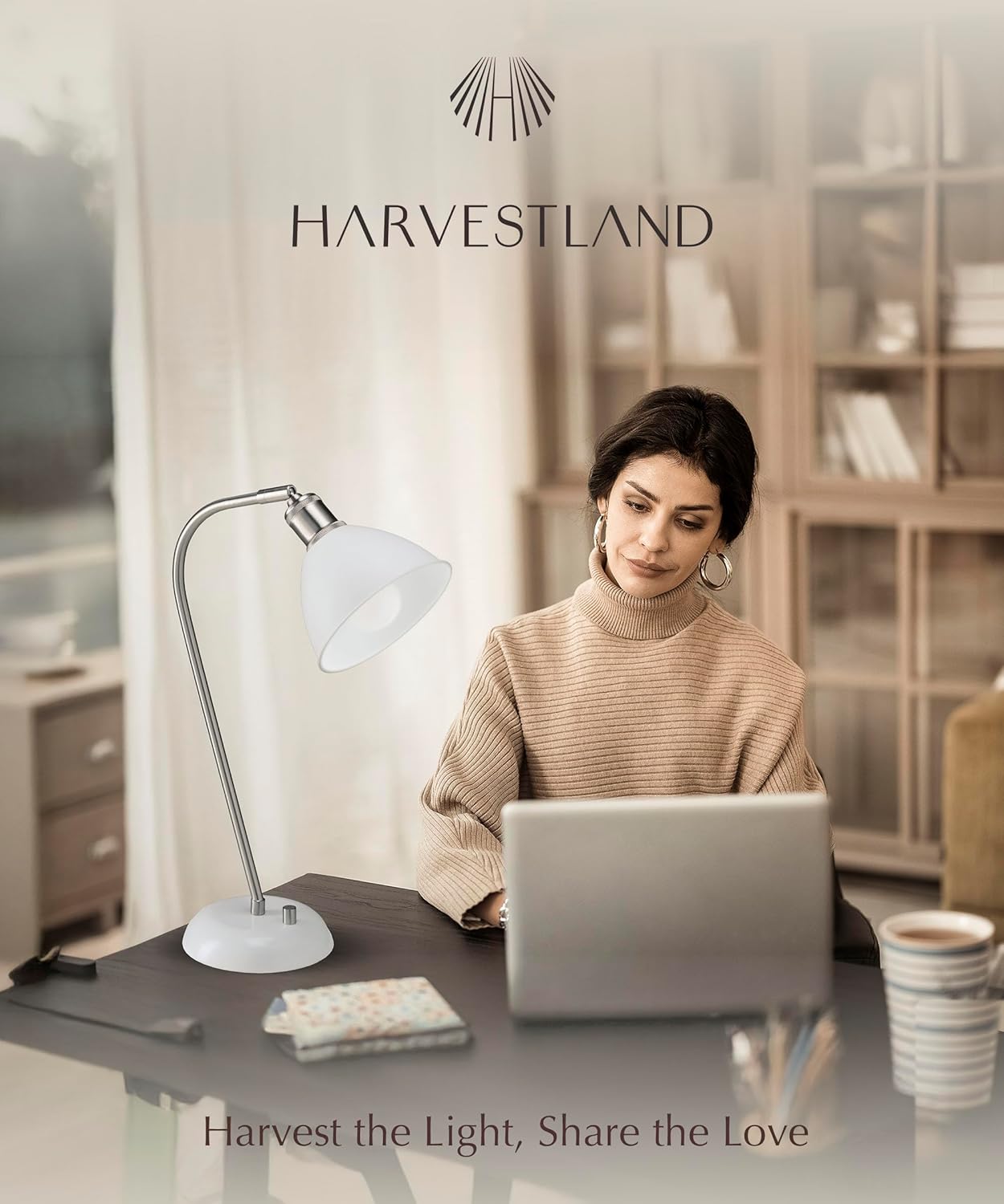 HarvestLand Halo Silver White Adjustable Desk Lamp – Reading Lamp, Pharmacy Style Metal Desk Lamp, Industrial Table Lamp with Solid Base for Bedside Table, Task Lamp Home Office, Best Gifts