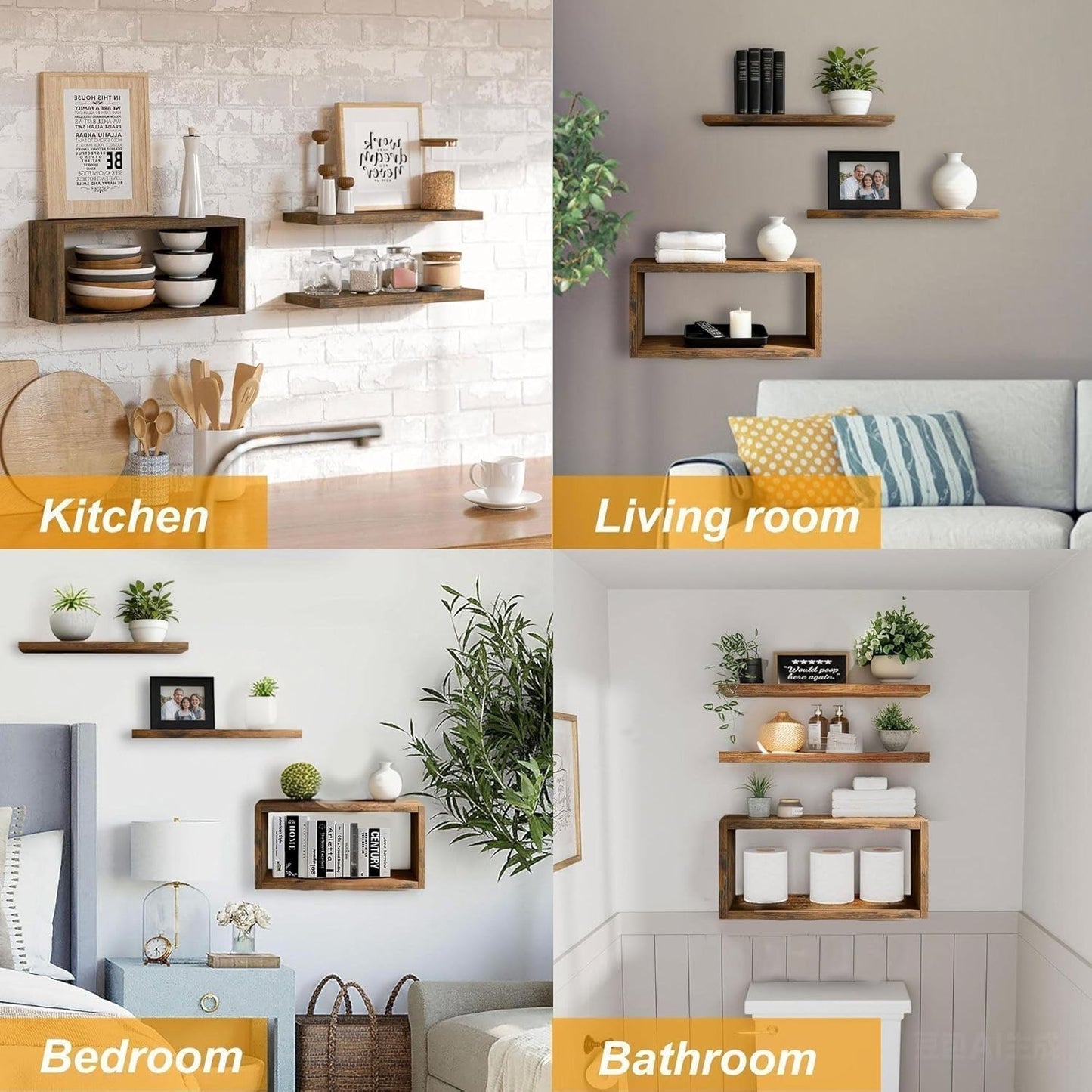Wall Mounted Floating Shelf, c Long for Bedroom Living Room Kitchen Staircase Bathroom Above Toilet Wall Decoration Book Storage Room Recoration (3piece Set) Brown