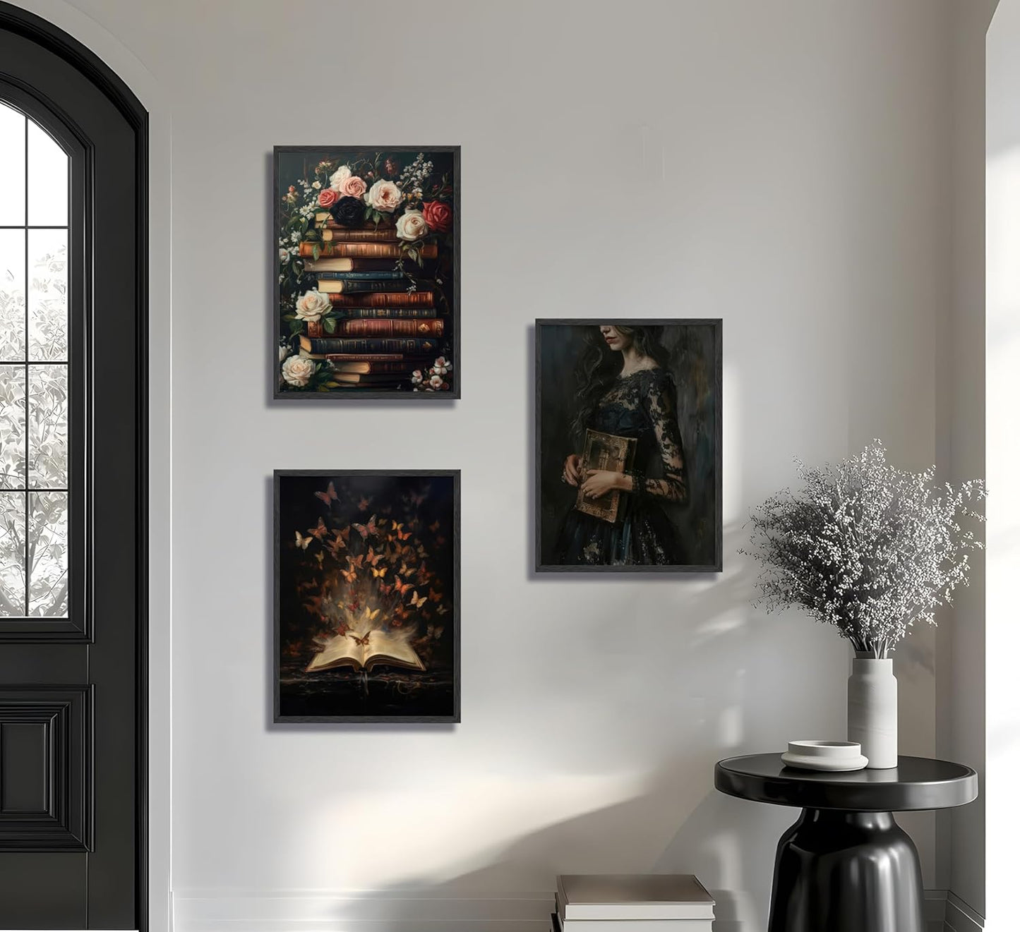 3Pcs Victorian Reading Wall Art Vintage Floral and Book Reading Posters a Mysterious Woman and Butterfly Wall Decoration a Dark Academic Aesthetic Canvas Painting Prints for Bedroom or Study Decor (Unframed)