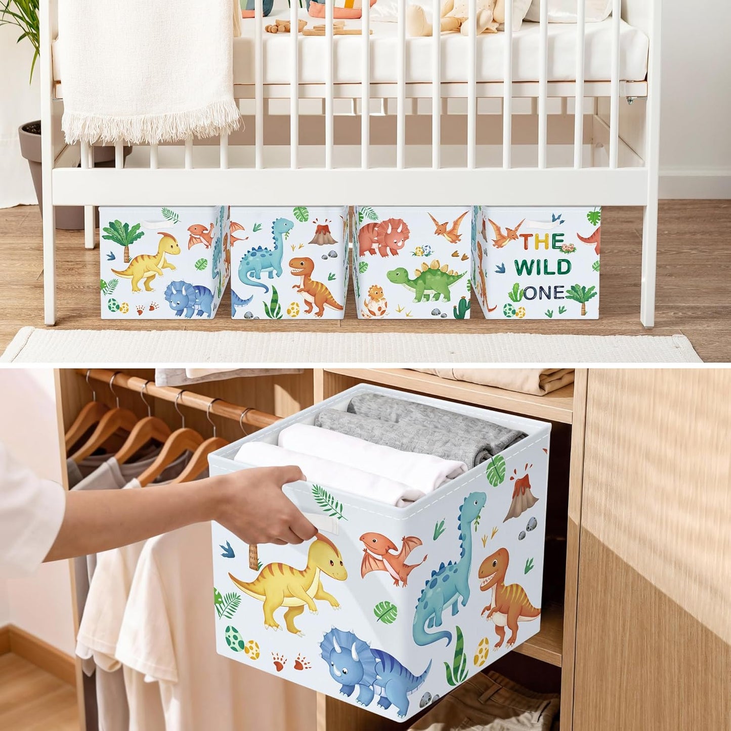 11.8" Boho Dinosaurs Cube Storage Organizer Set 3Pcs Palms Eggs Cube Storage Bin for Bathroom/Bedroom Kid Book Toy Chest, Volcanoes