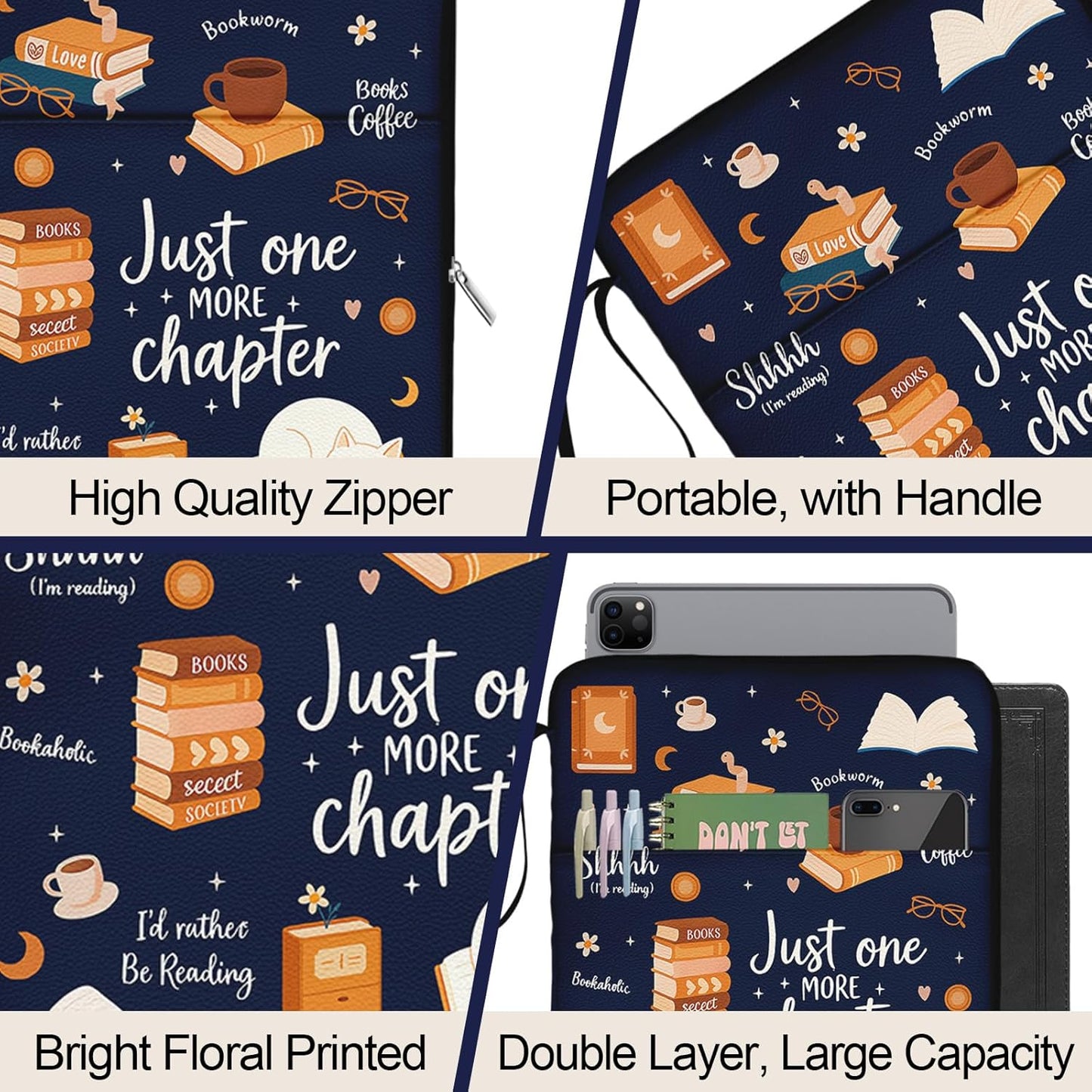Book Sleeve for Book Lovers,Just One More Chapter Waterproof PU Leather Travel Book Carrying Case,Book Pouch with Zipper,Cute Cat Book Portable Book Protector Cover Bag for Hardcover Paperbacks Gift