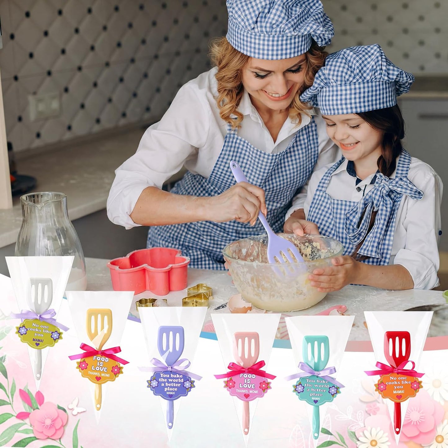 Honeydak 24 Sets Mother's Day Gifts 8.8 Inch Silicone Spatula Bulk Greeting Cards Bags and Ribbon Heat Resistant Rubber Spatulas for Cooking