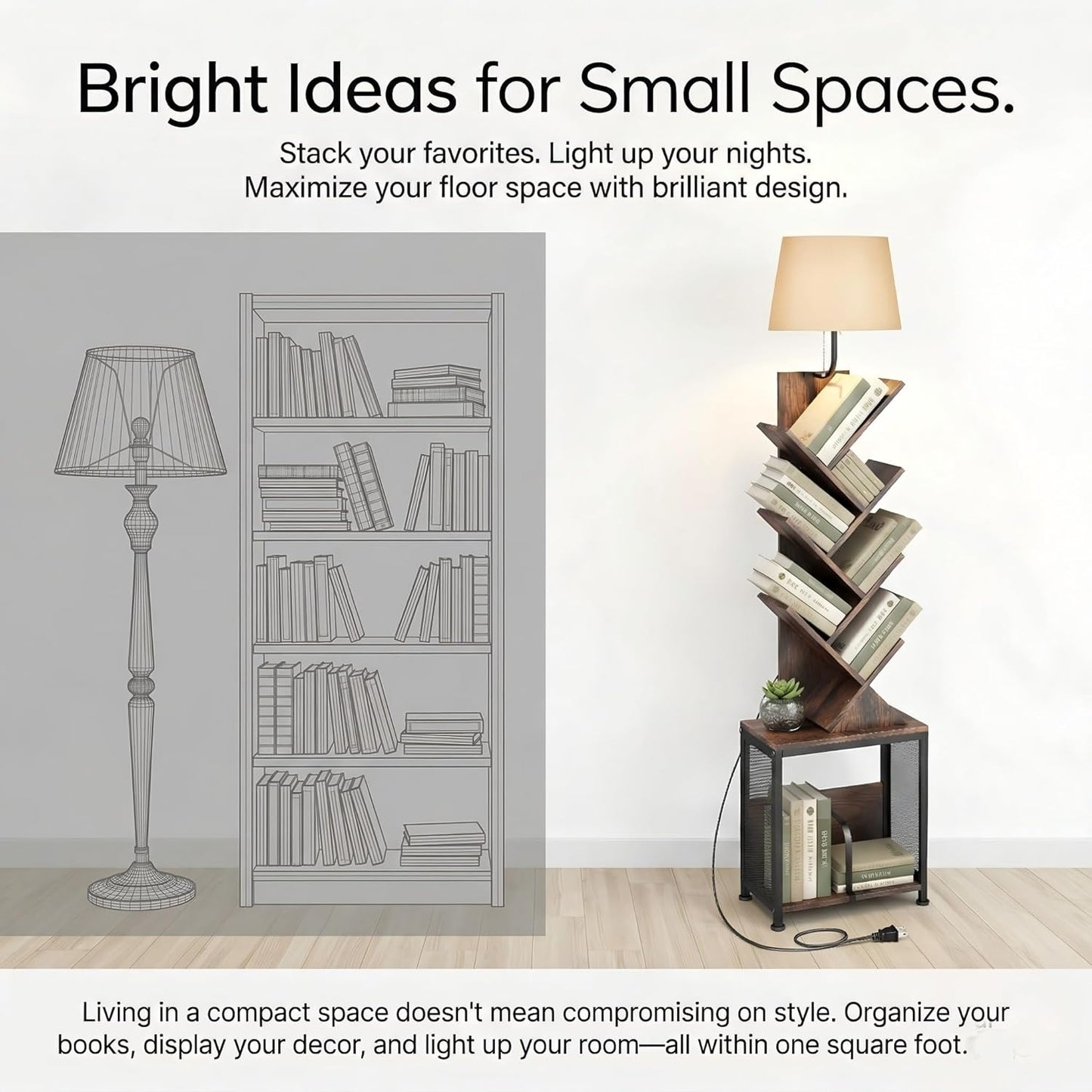 3in1 Tree Bookshelf Floor Lamp W/ Storage Cabinet, 62" Tall Reading Light with Unique Oval Fabric Shade & 8-Tier Book Organizer, Modern Standing Lamp for Living Room, Bedroom, Office (Rustic Brown)
