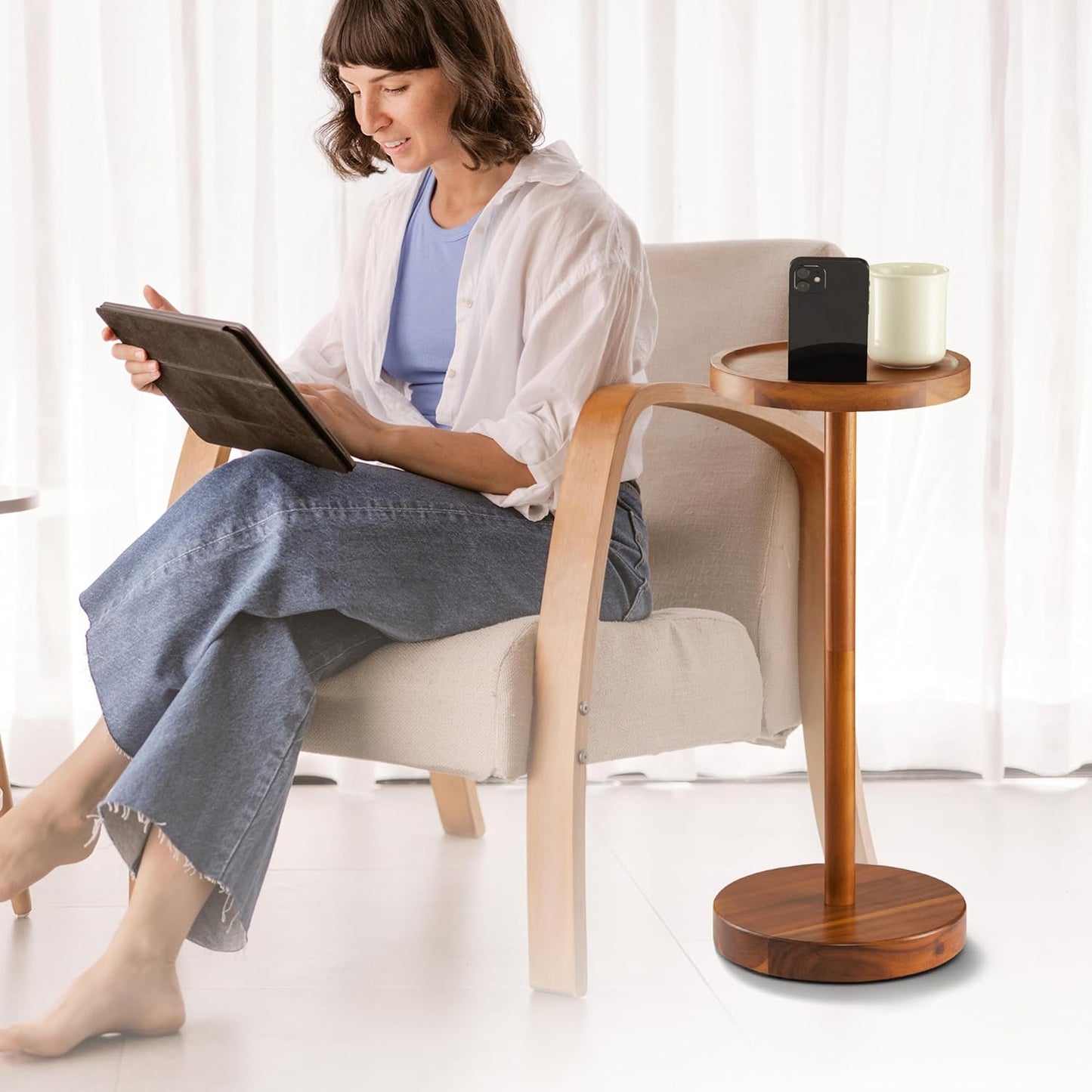 BLUEWEST Drink Table, 22" Tall Compact Side Table with Phone Slot and Weighted Base, Durable Pedestal Table Accent for Living Room, Bedroom, or Office, Cocktail and Martin (1, Acacia)
