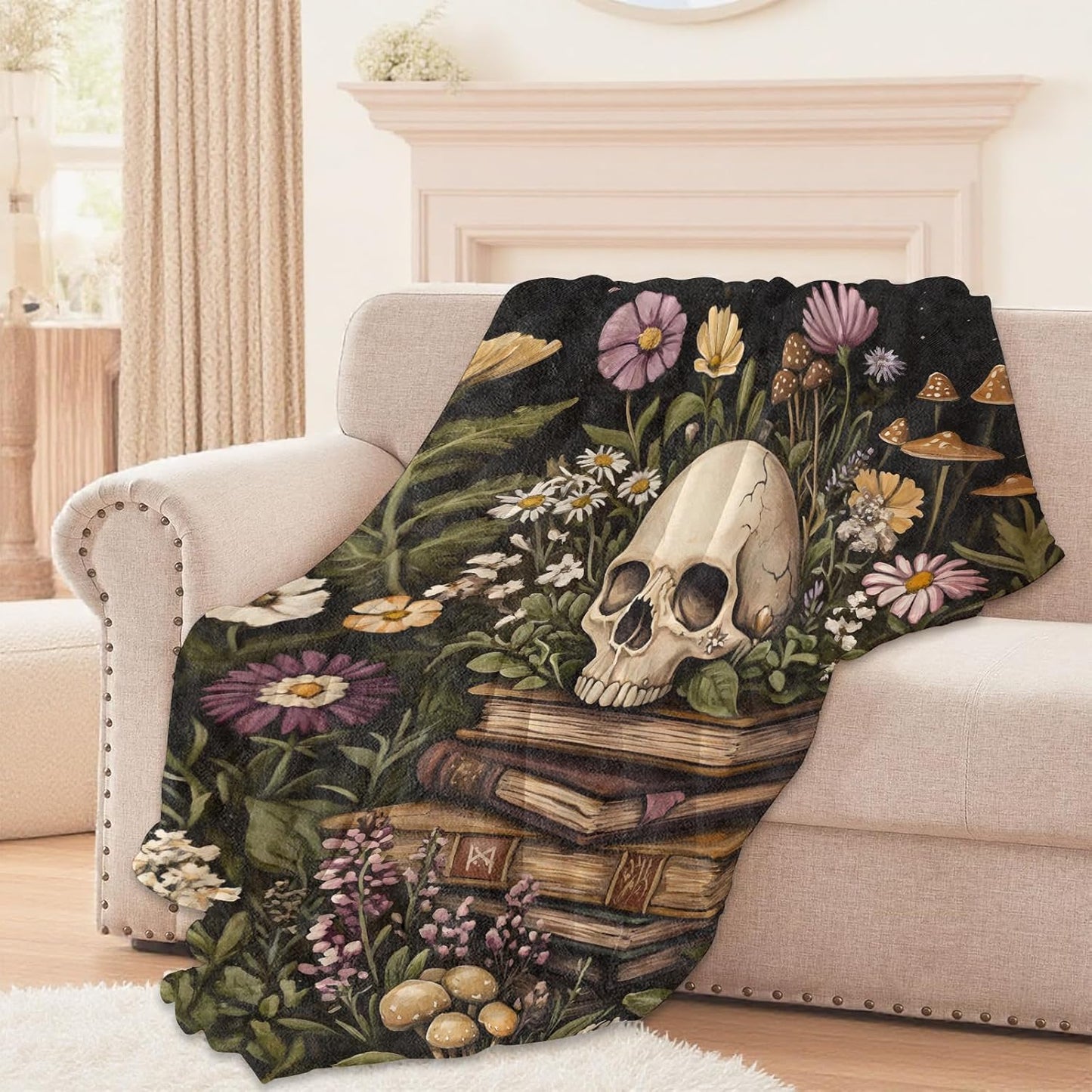 Skull and Books Floral Blanket, Lightweight Comfy Vintage Flowers & Mushrooms Blankets for Couch Sofa Bedroom, Soft Plush Travel Flannel Throw Blanket Gifts for Women Adults, Home Decor 80×60in