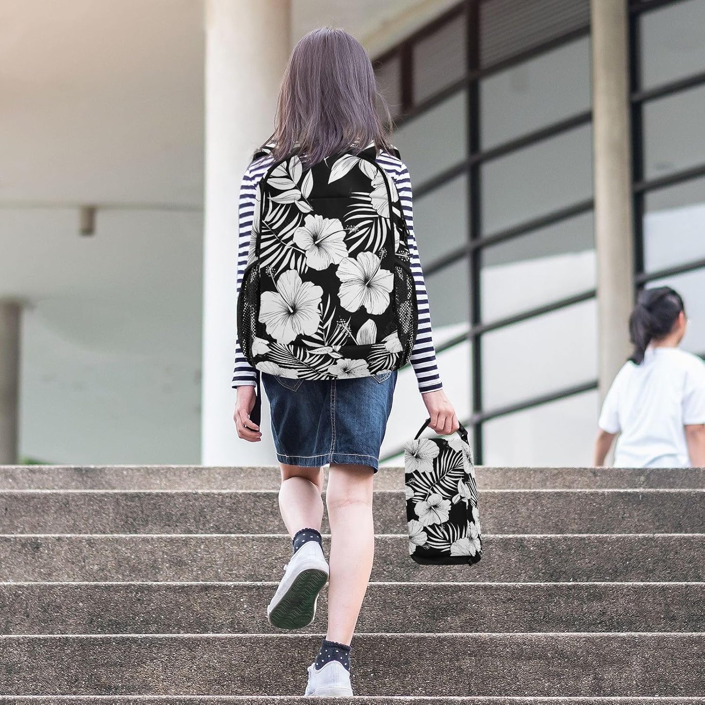 Backpack with Lunch Bag Bookbag Set,Hibiscus Flower Black White Pattern Backpack for Middle High School College Student,21L Schoolbag Kid's Backpack Bookbag Casual Daypack