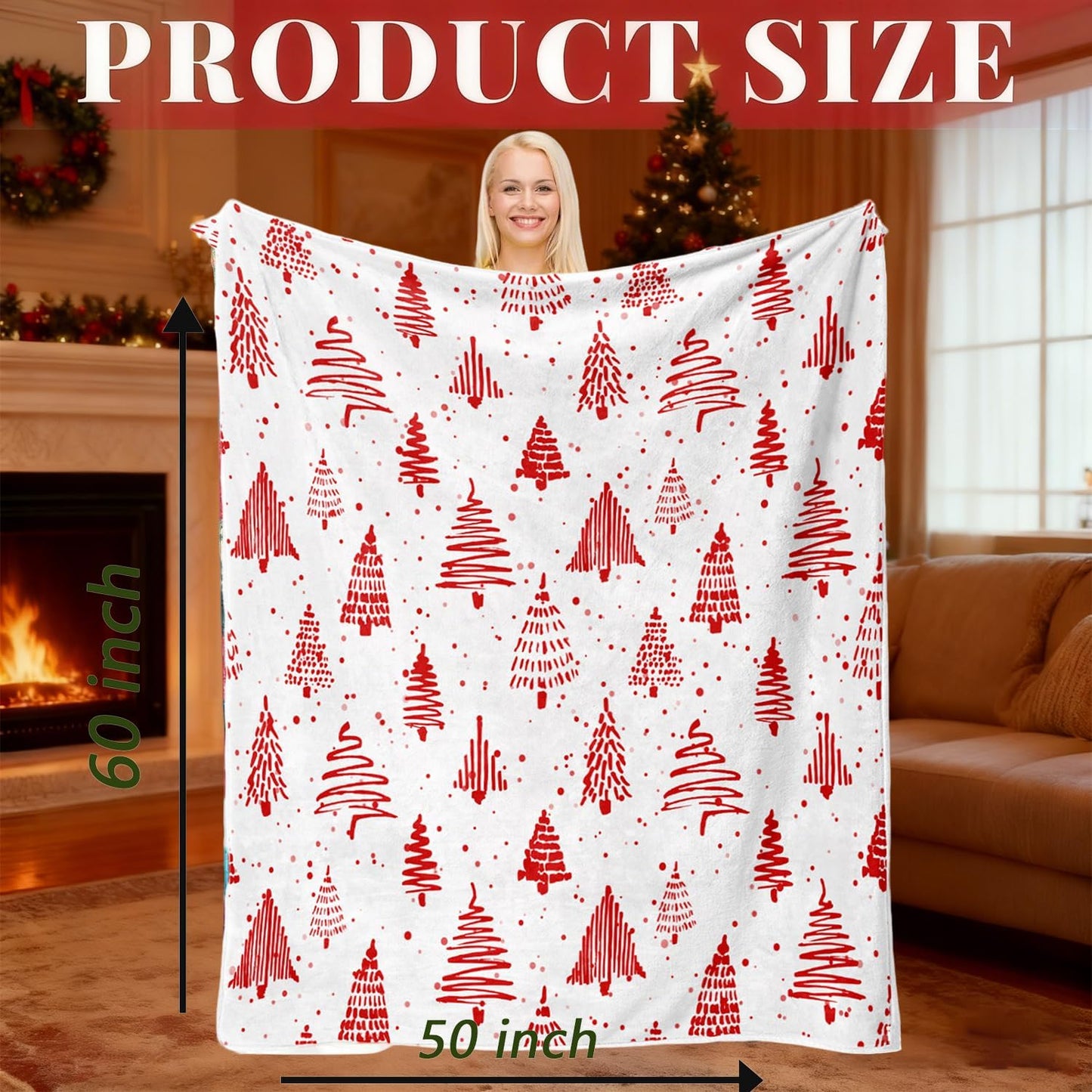 Christmas Tree Throw Blanket, Winter Red White Xmas Tree Warm Flannel Blanket for Living Room Couch Bed Chair or Dorm, 50x60 Inch