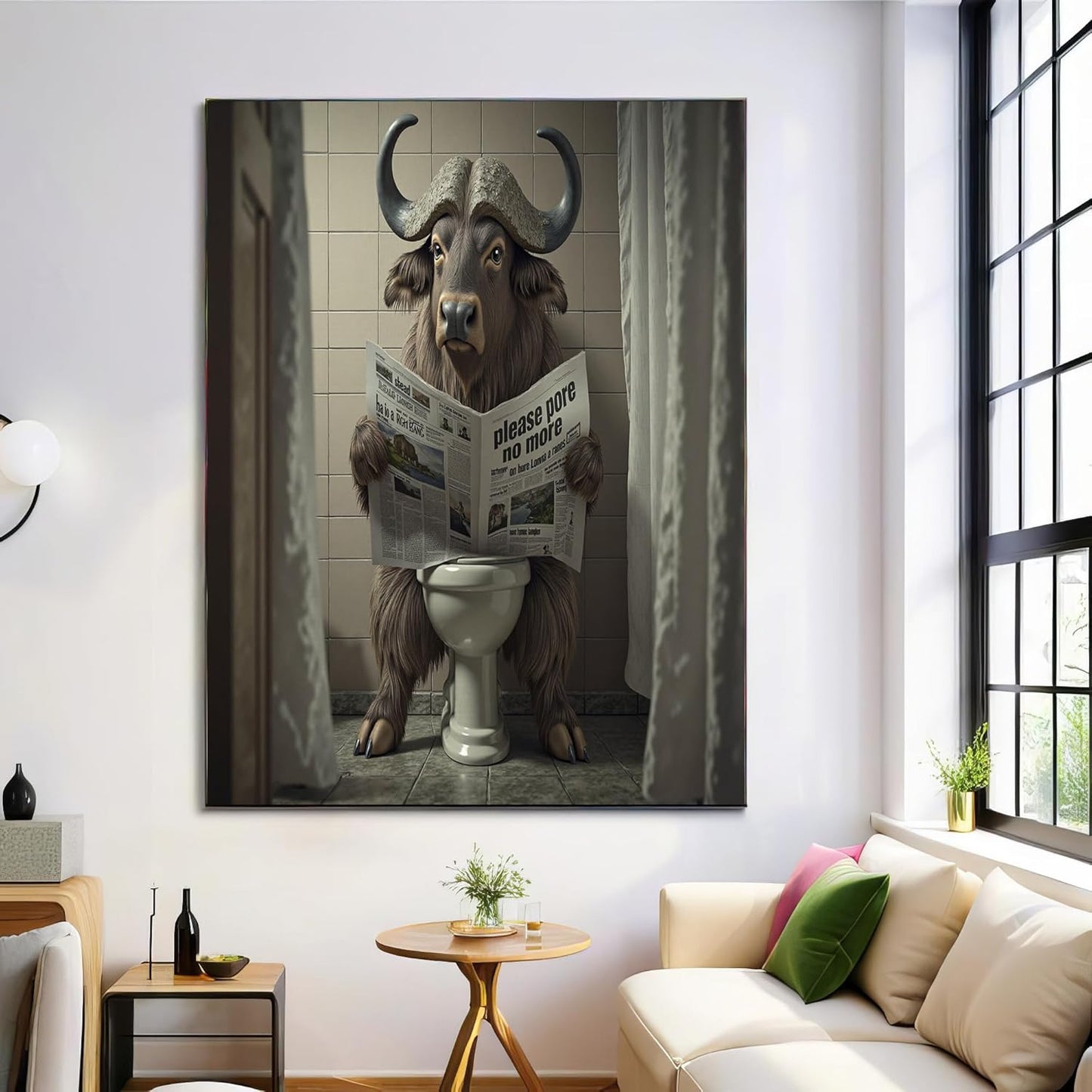 Exaggerated Animal Canvas Wall Art Water Buffalo Sitting On The Toilet Reading Newspaper Wall Decor Dark Brown Poster Print Artwork For Living Room Yoga Room Hotel Bedroom Home Decoration 24 X 36 Inch
