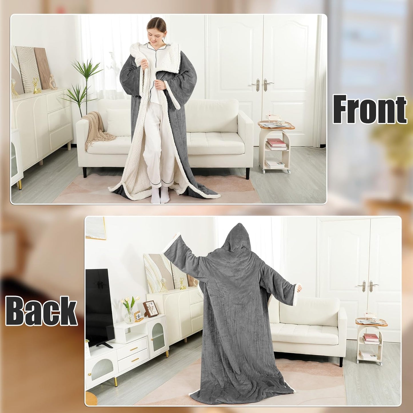 Wearable Heated Blanket with Foot Pocket & Hood, Electric Snuggle Blankets with Sleeves, 6 Heating Levels & 1-4H Auto Shut-Off, Machine Washable, Housewarming & Gift, 50 * 70"+16", Dark Gray