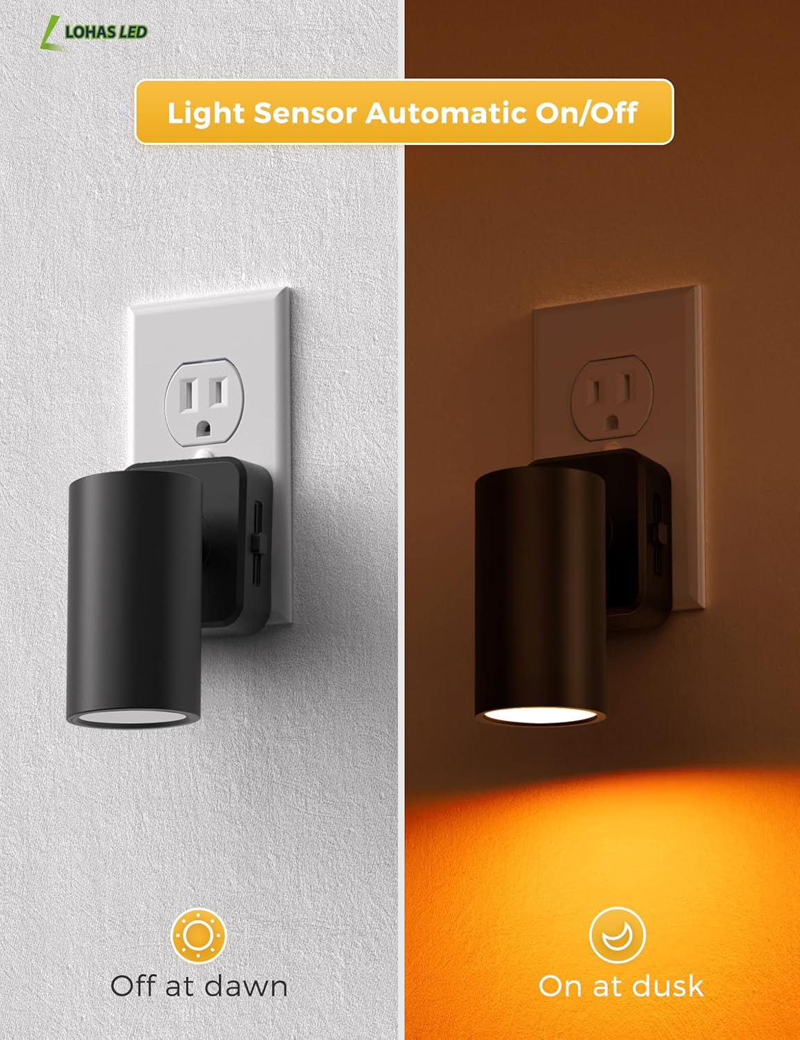 L LOHAS LED Night Lights Plug into Wall, [2-Pack] Rotatable Night Lights with Dusk to Dawn Sensor, 0-100 LM Brightness Adjustable,2000K Amber Nightlight for Adults Bathroom Hallway Stairs
