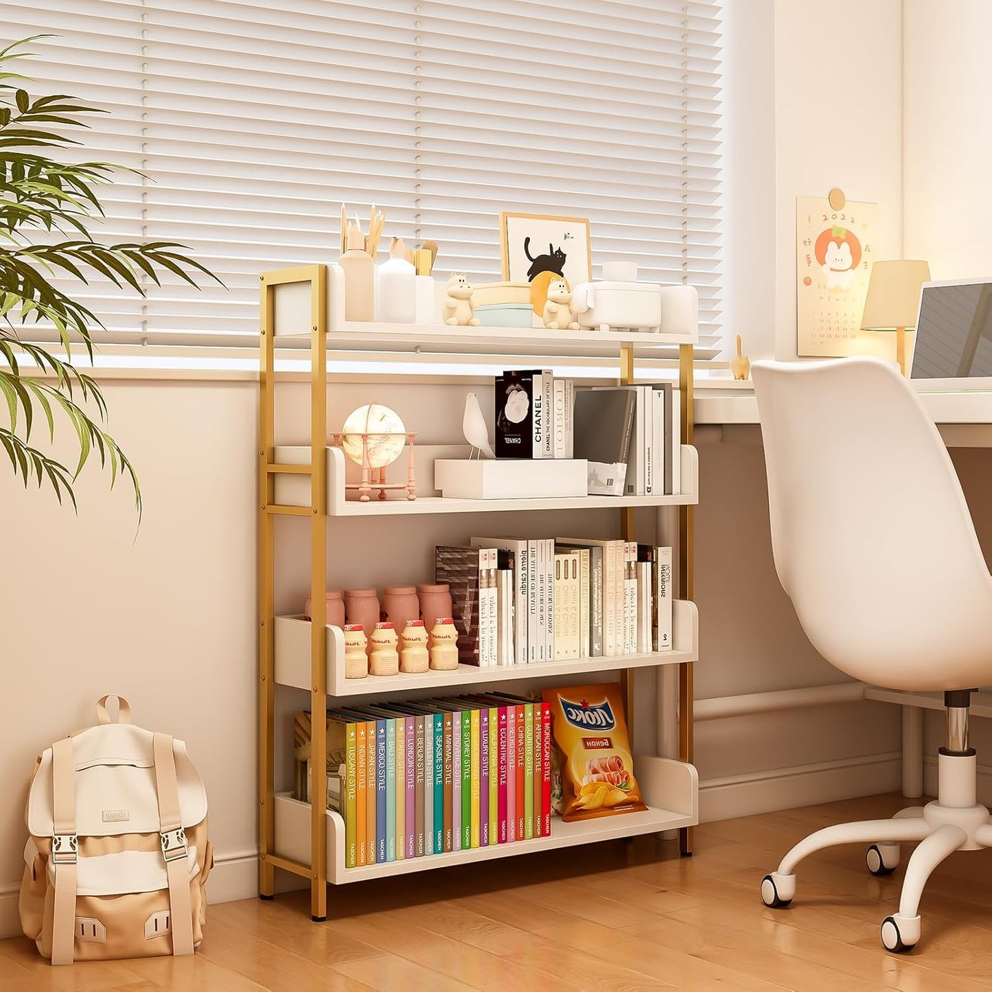 Wide Open Shelf Bookcase - Modern 4-Tier Floor Standing Display Bookshelf with Three-Side Baffles for Home and Office, Storage Shelving in Warm White with Gold Frame