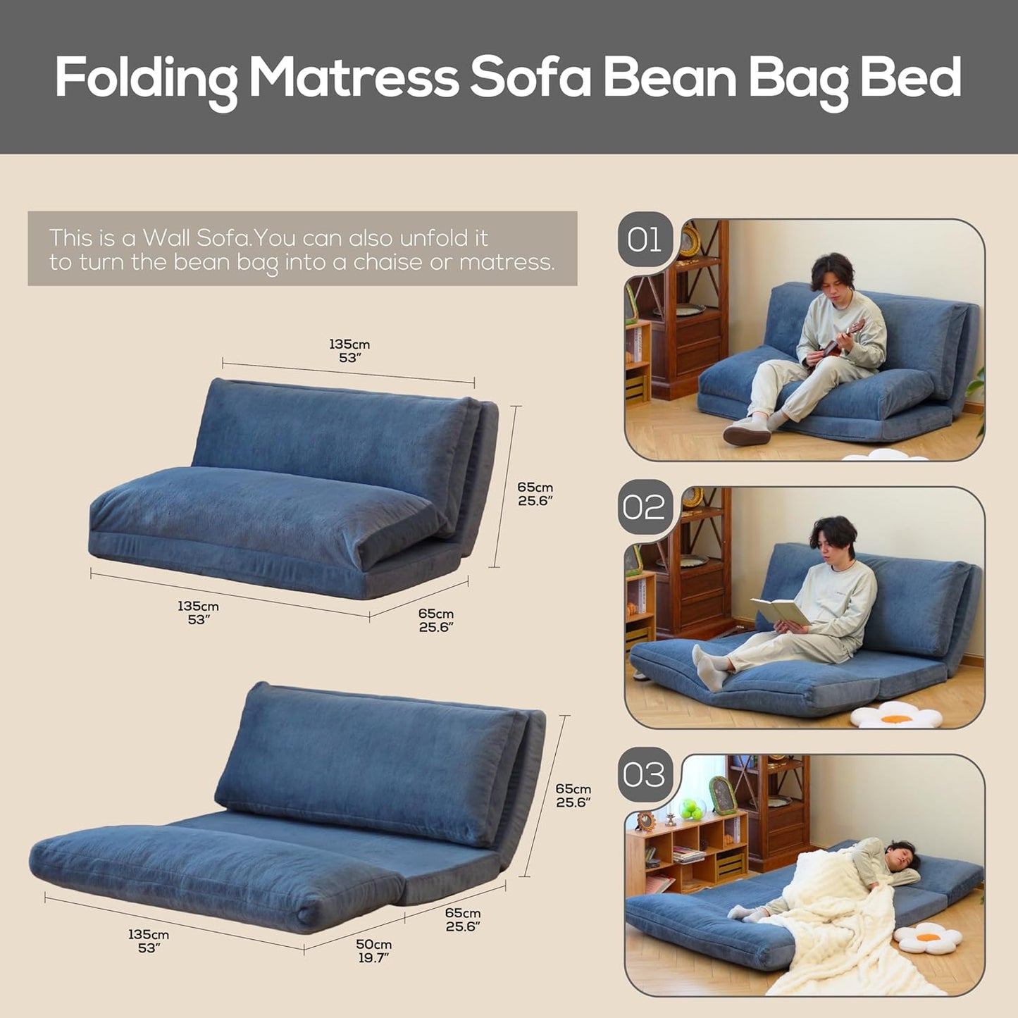 N&V Folding Matress Sofa Bean Bag Bed, Foam Filling Folding Matress Sofa, Includes Removable and Machine Washable Cover, Soft Premium Faux Fur (Large, Blue)